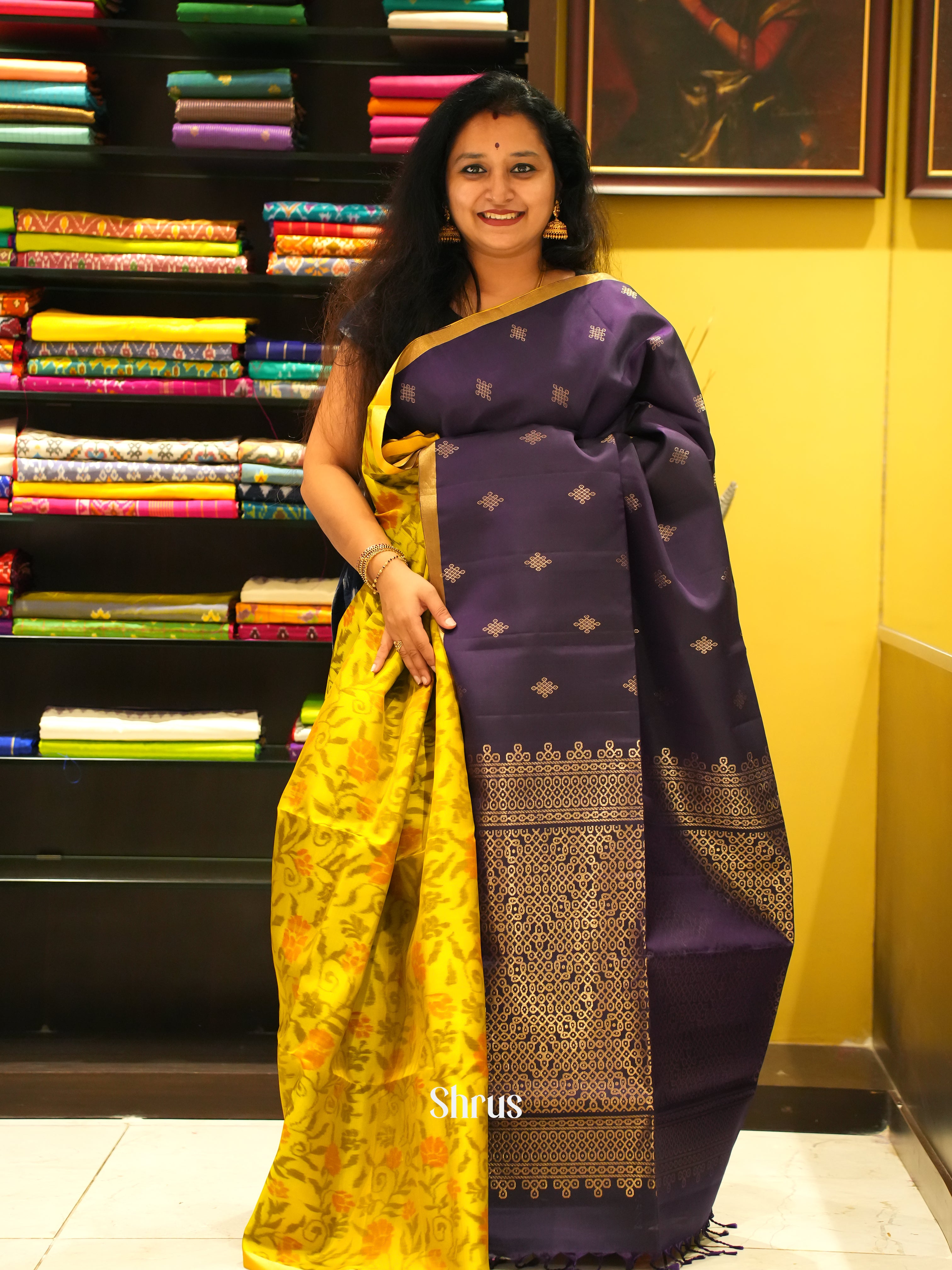 Blue & Yellow - Soft Silk Saree - Shop on ShrusEternity.com