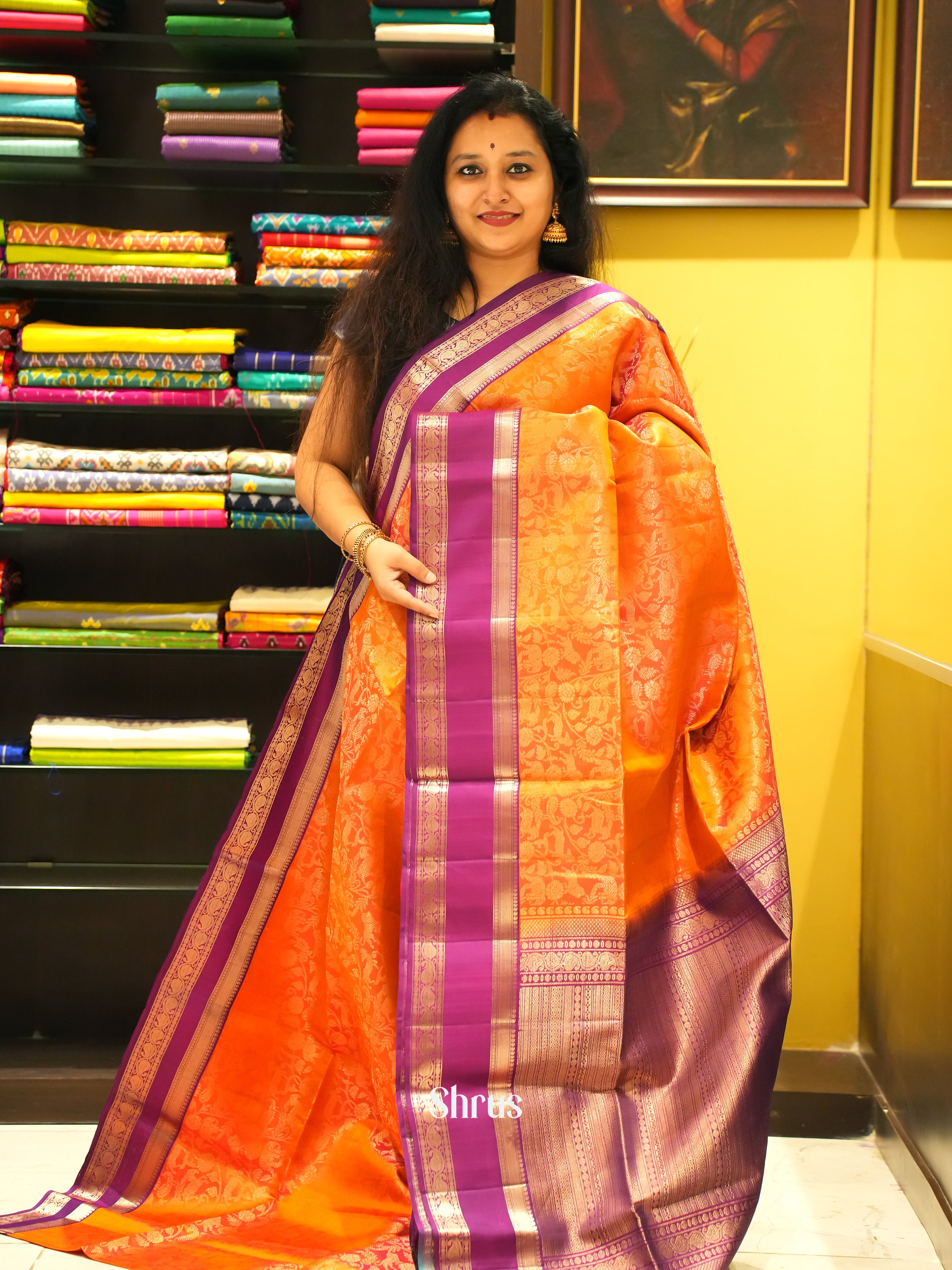 Orange & Purple - Soft Silk Saree - Shop on ShrusEternity.com