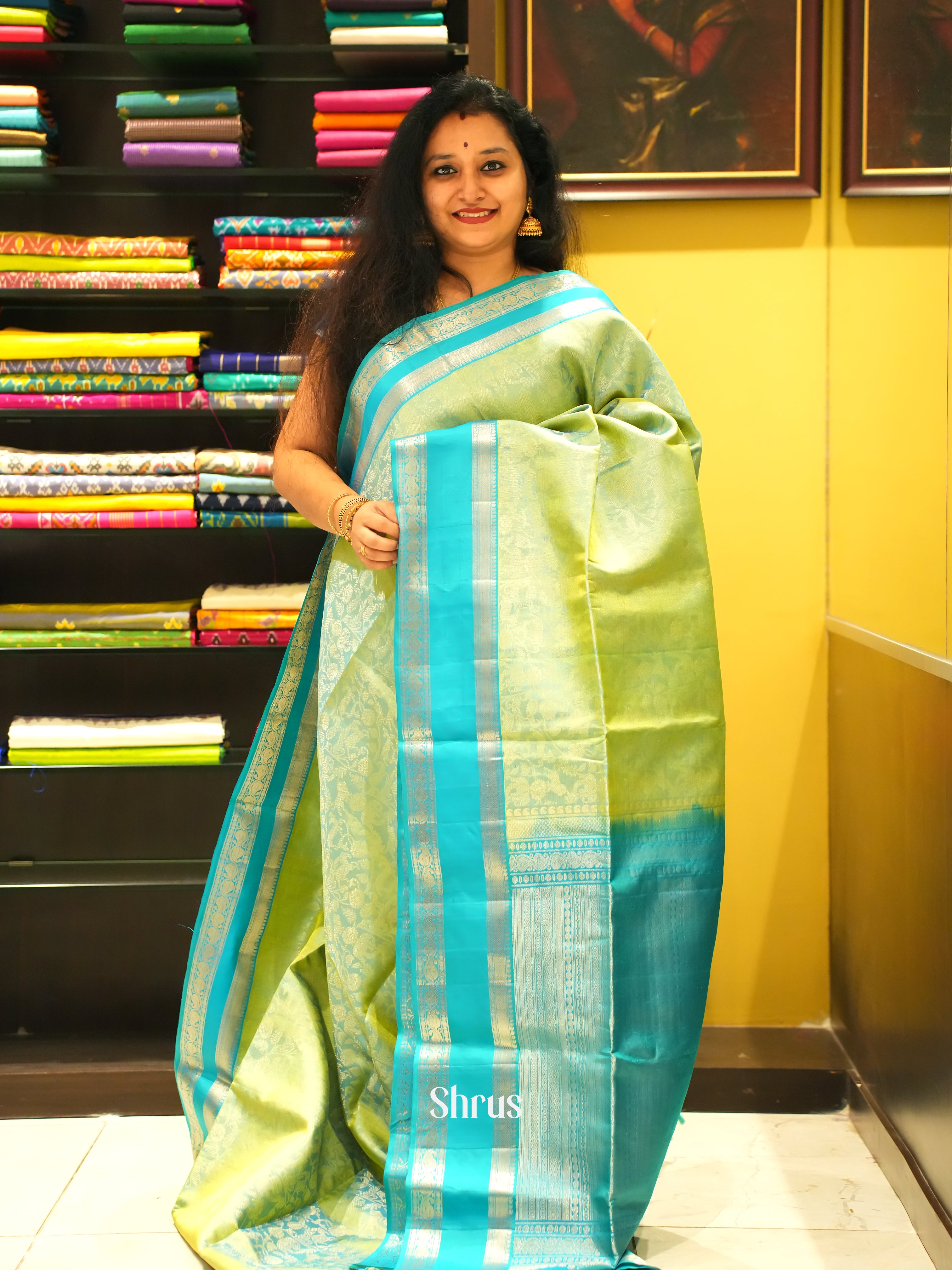 Elachi Green & Sky Blue - Soft Silk Saree - Shop on ShrusEternity.com