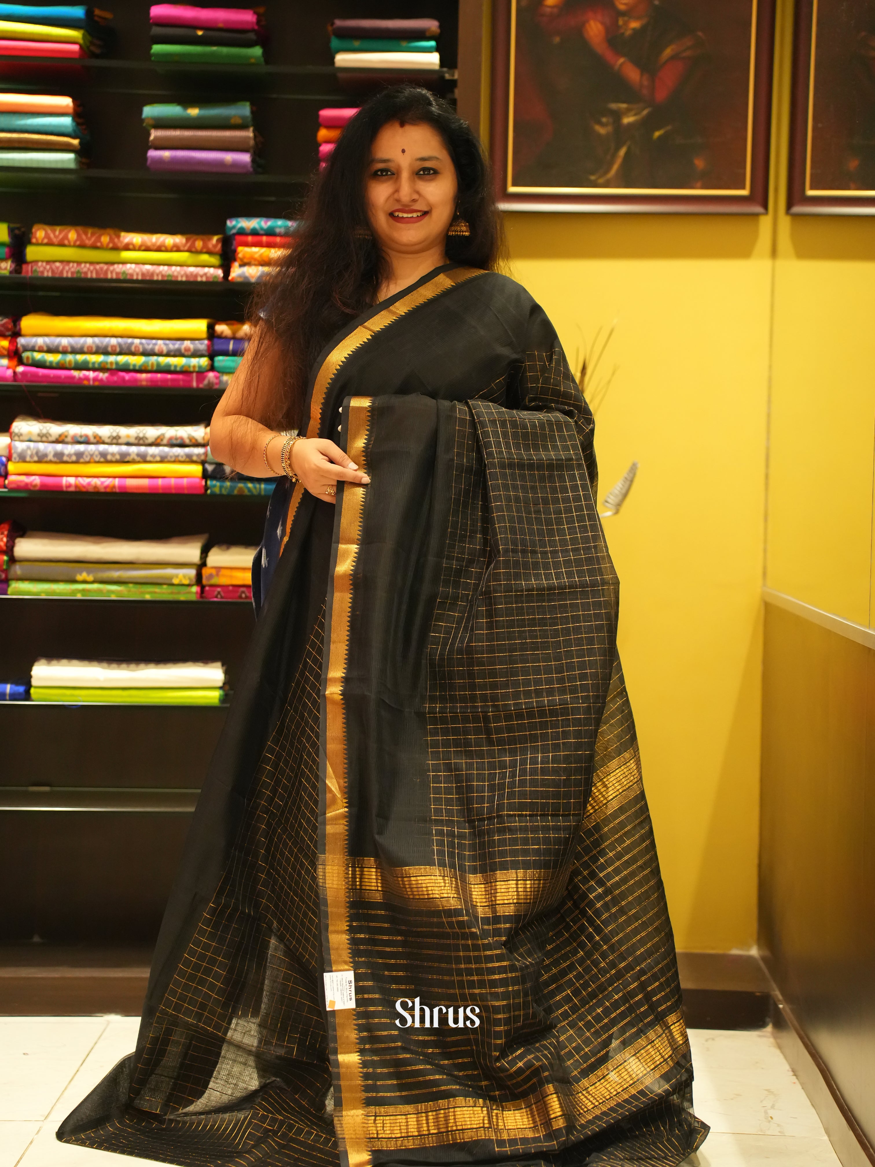 Black (Single Tone)- Mangalagiri Silk Cotton Saree - Shop on ShrusEternity.com