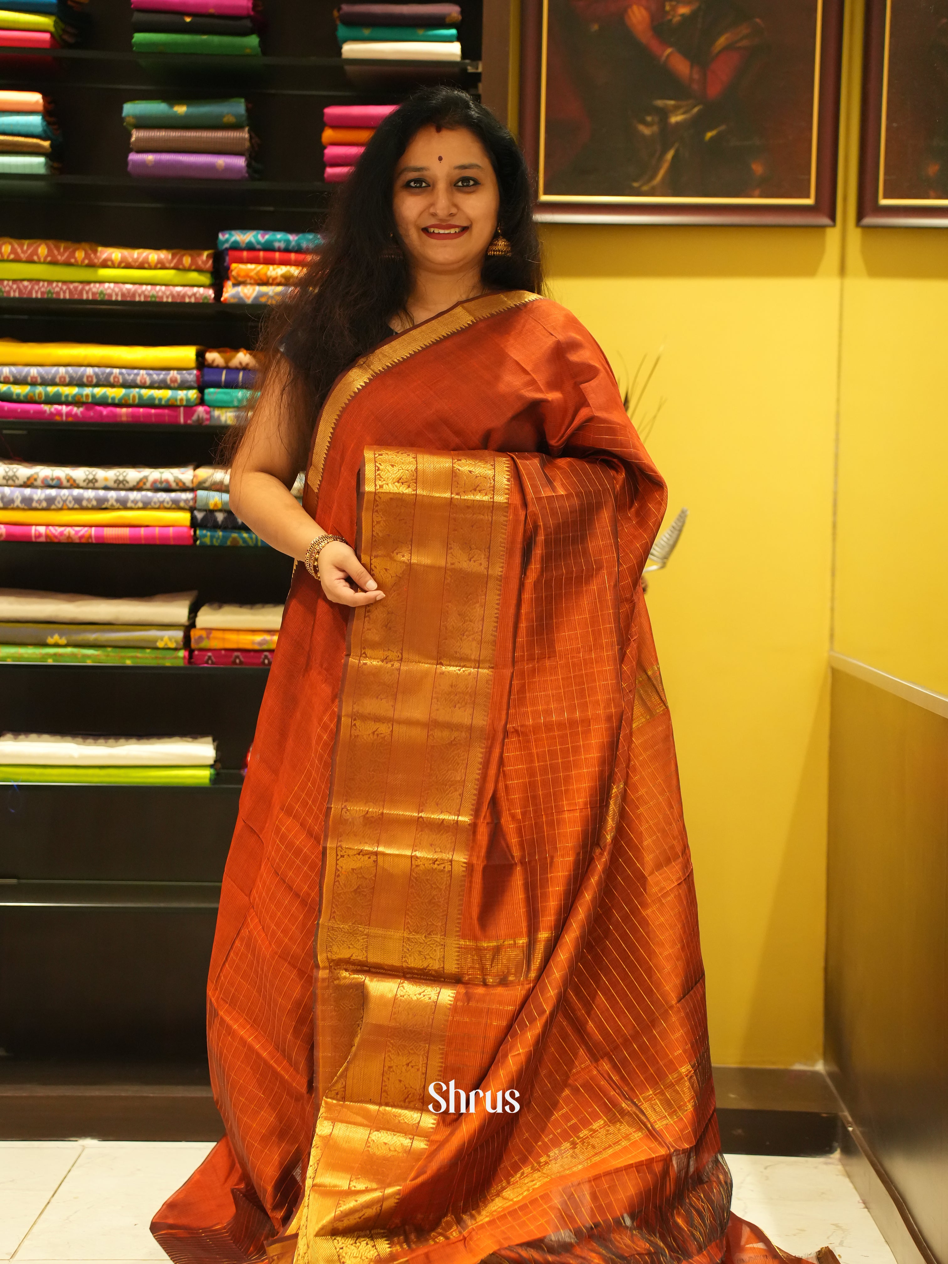 Brick Orange(Single Tone)- Mangalagiri Silk Cotton Saree - Shop on ShrusEternity.com