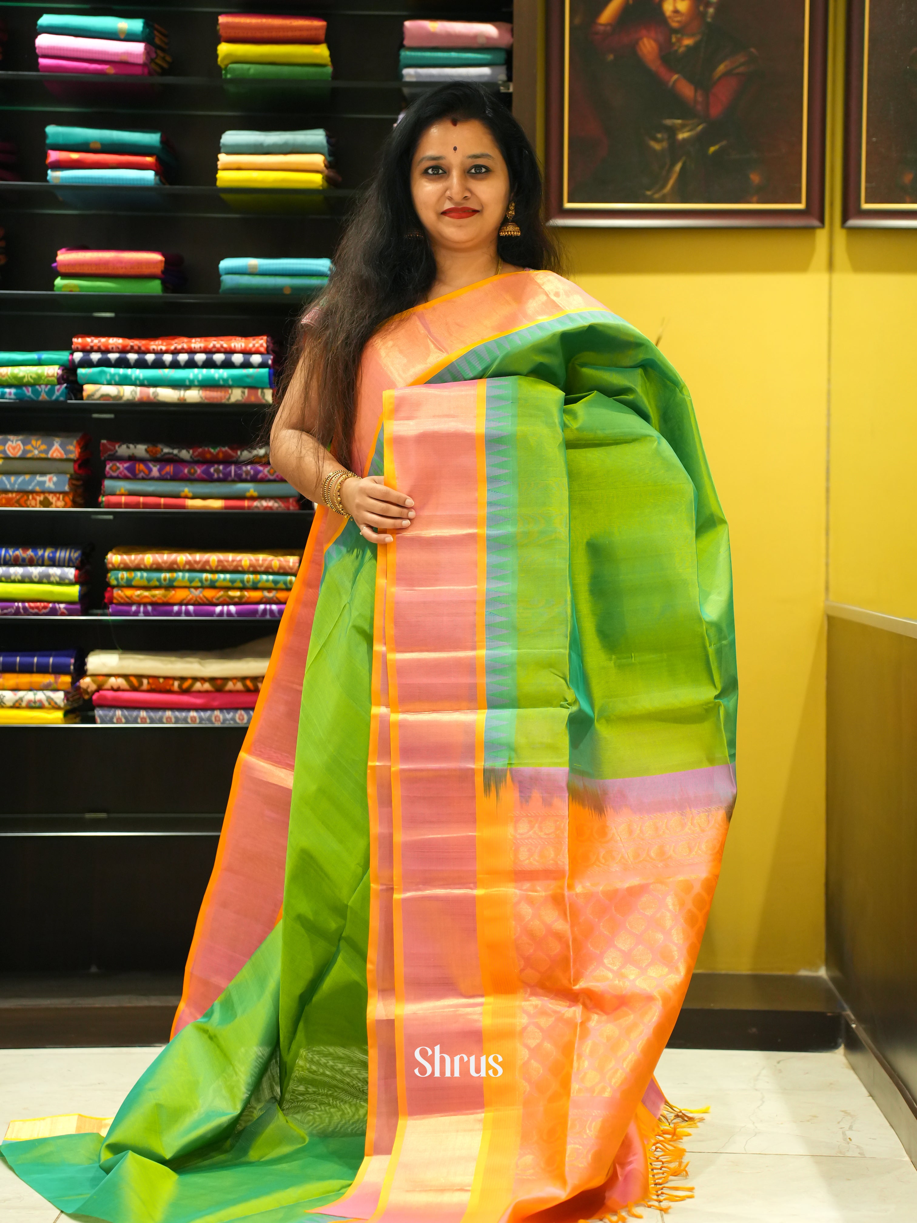 Parrot Green & Mustard -Silk Cotton Saree - Shop on ShrusEternity.com