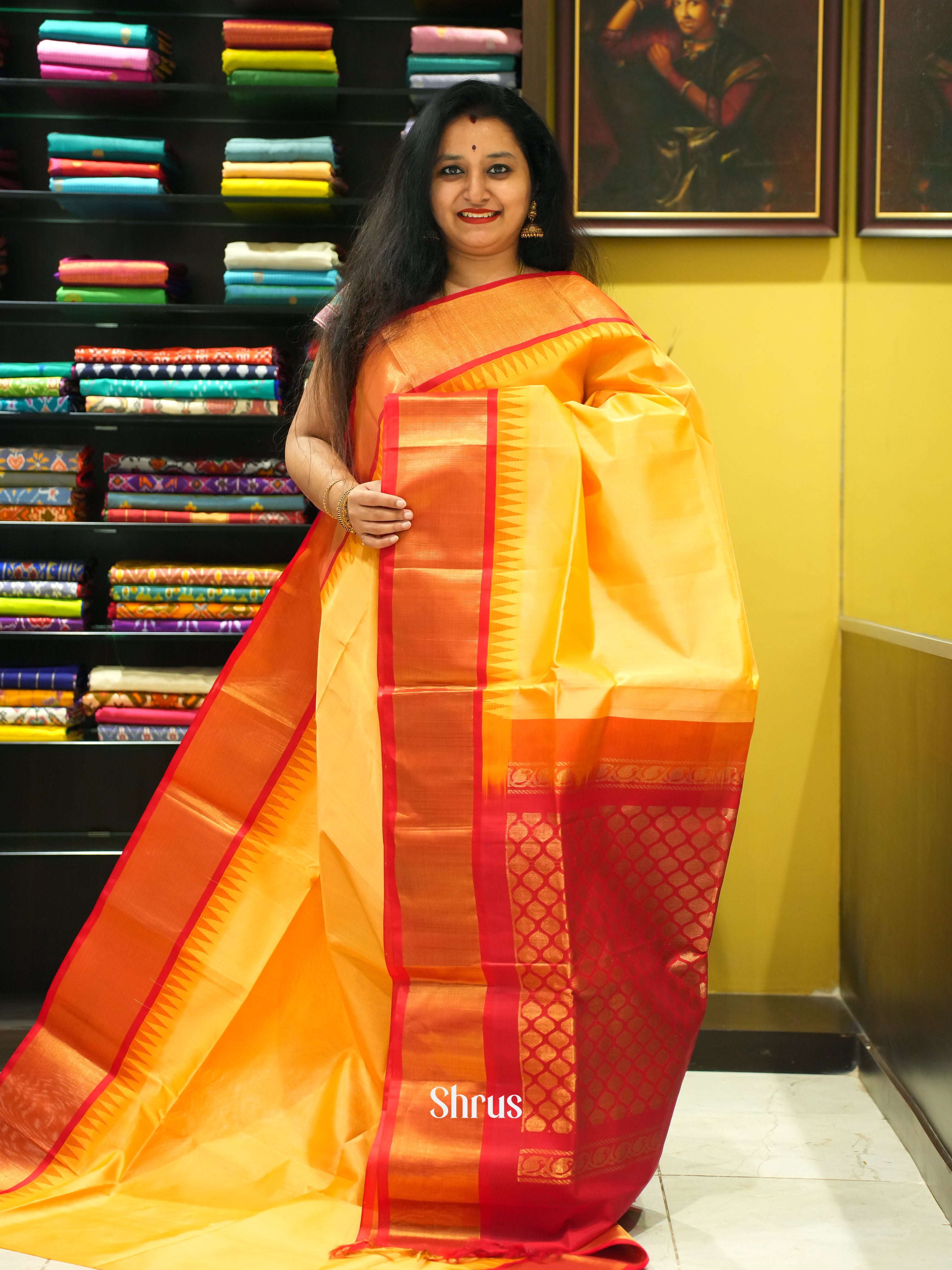 Yellow & Red - Silk Cotton Saree - Shop on ShrusEternity.com