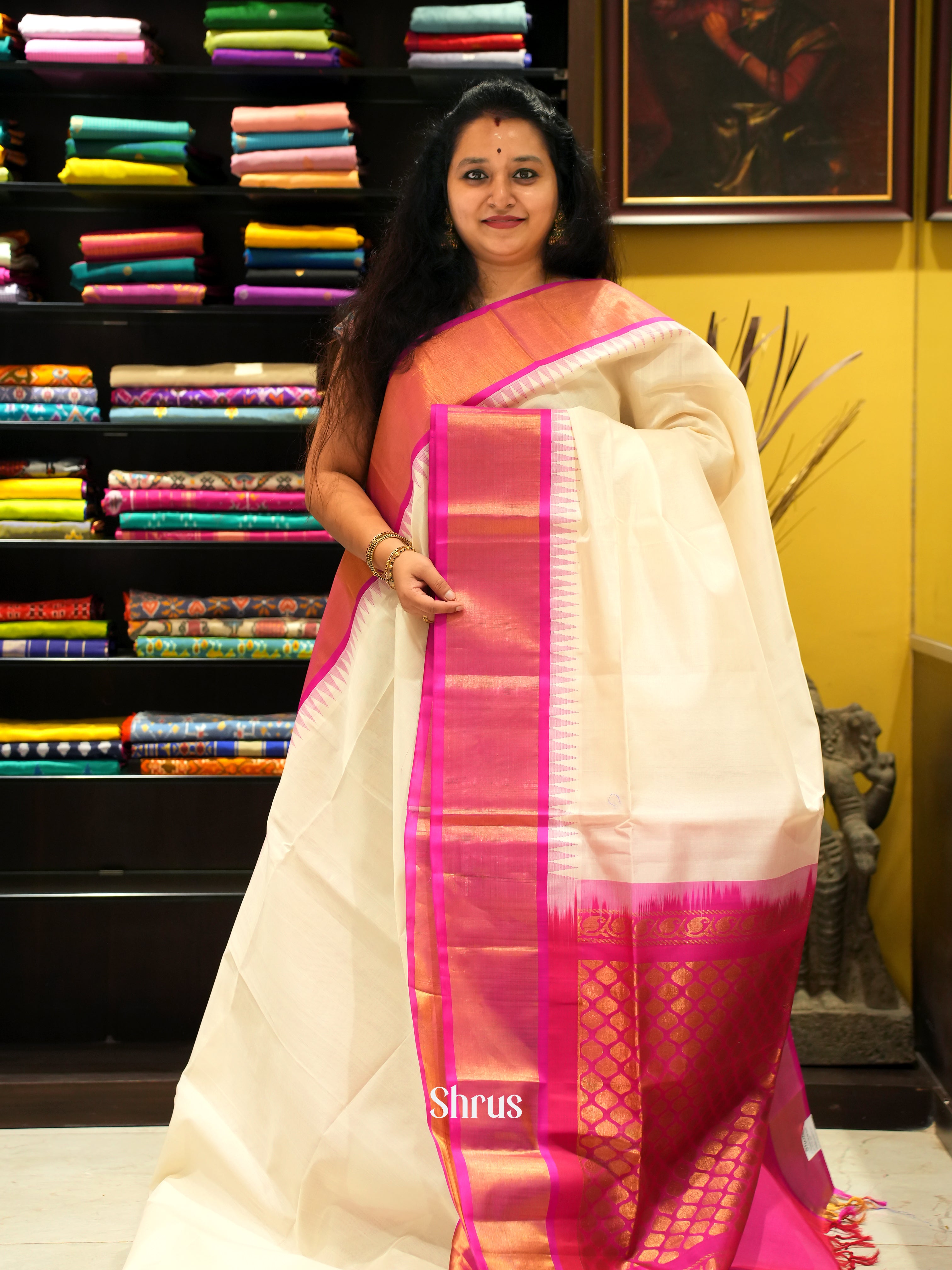 Cream & Pink - Silk Cotton Saree - Shop on ShrusEternity.com