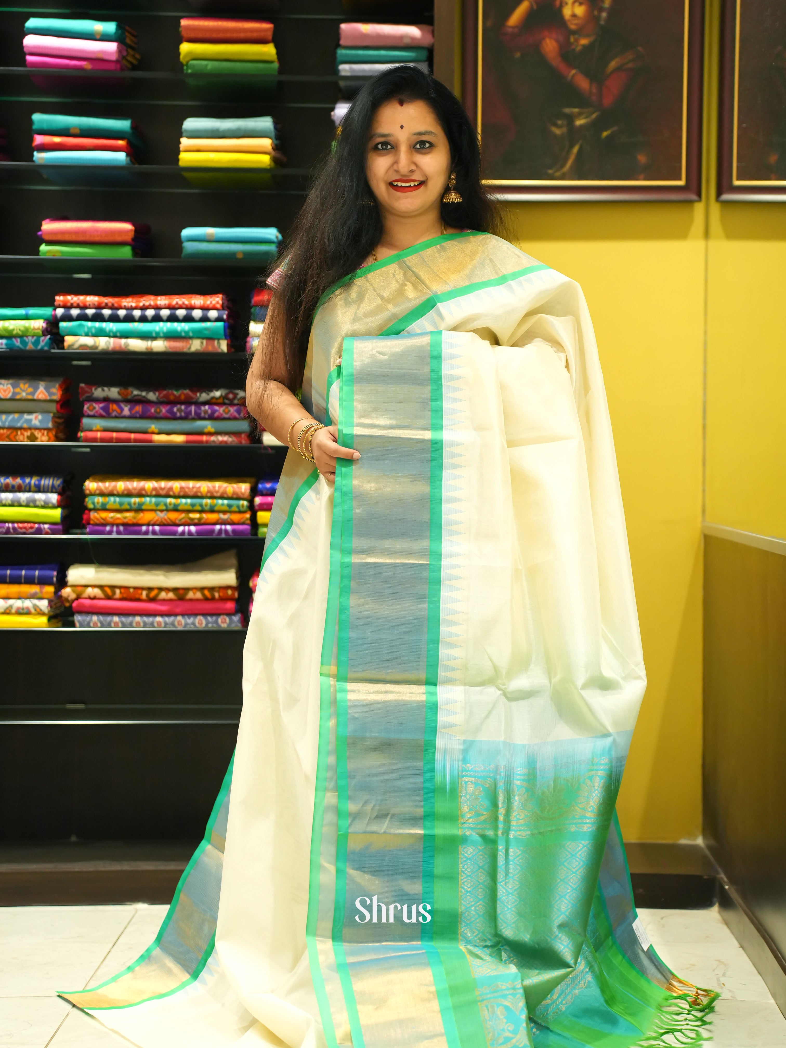 Cream & Teal Green - Silk Cotton Saree - Shop on ShrusEternity.com