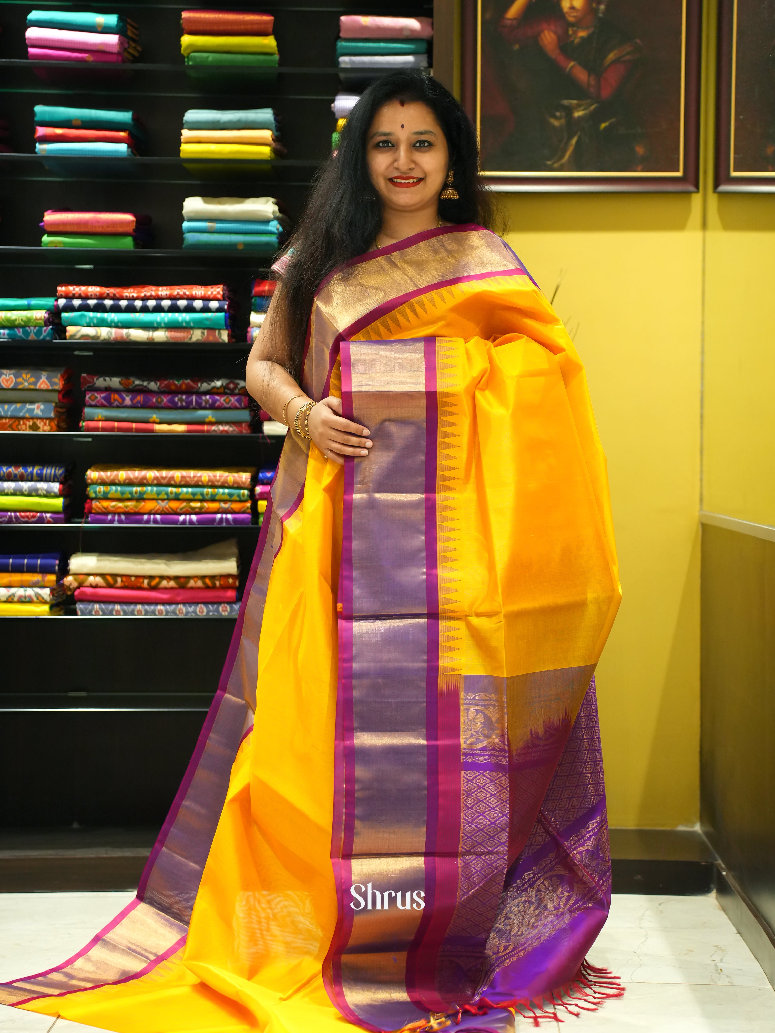 Yellow & Purple - Silk Cotton Saree - Shop on ShrusEternity.com