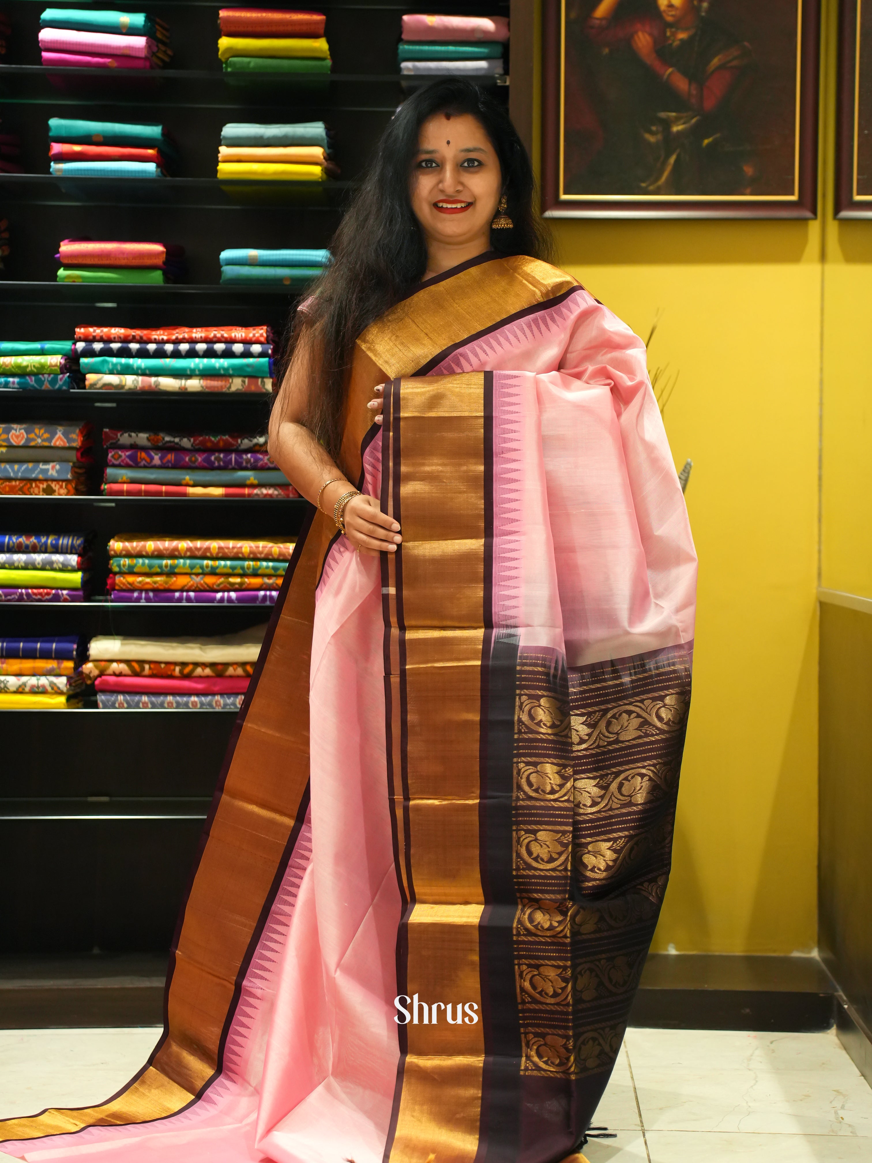 Pink & Brown- Silk Cotton Saree - Shop on ShrusEternity.com