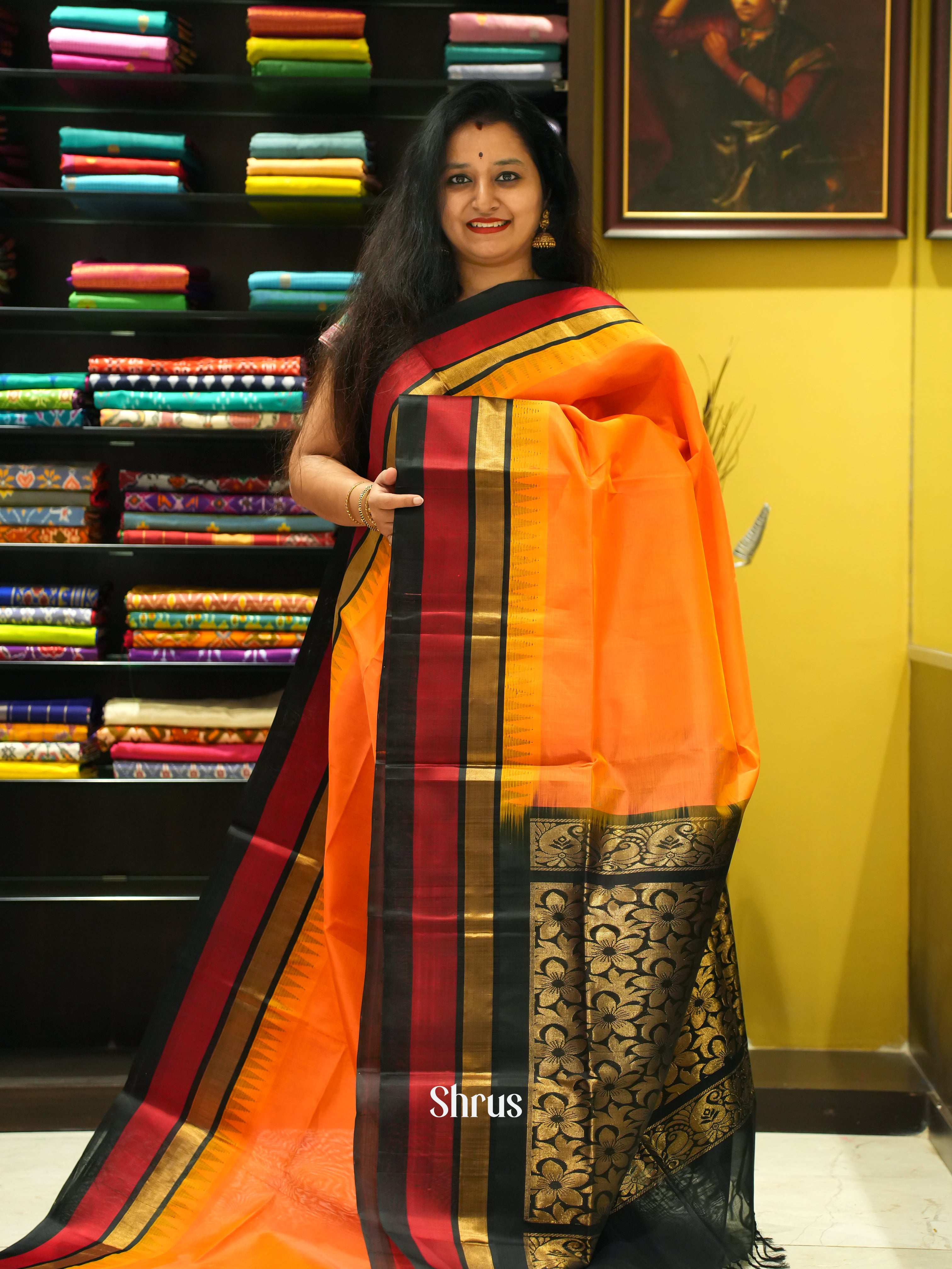 Orange & Black - Silk Cotton Saree - Shop on ShrusEternity.com