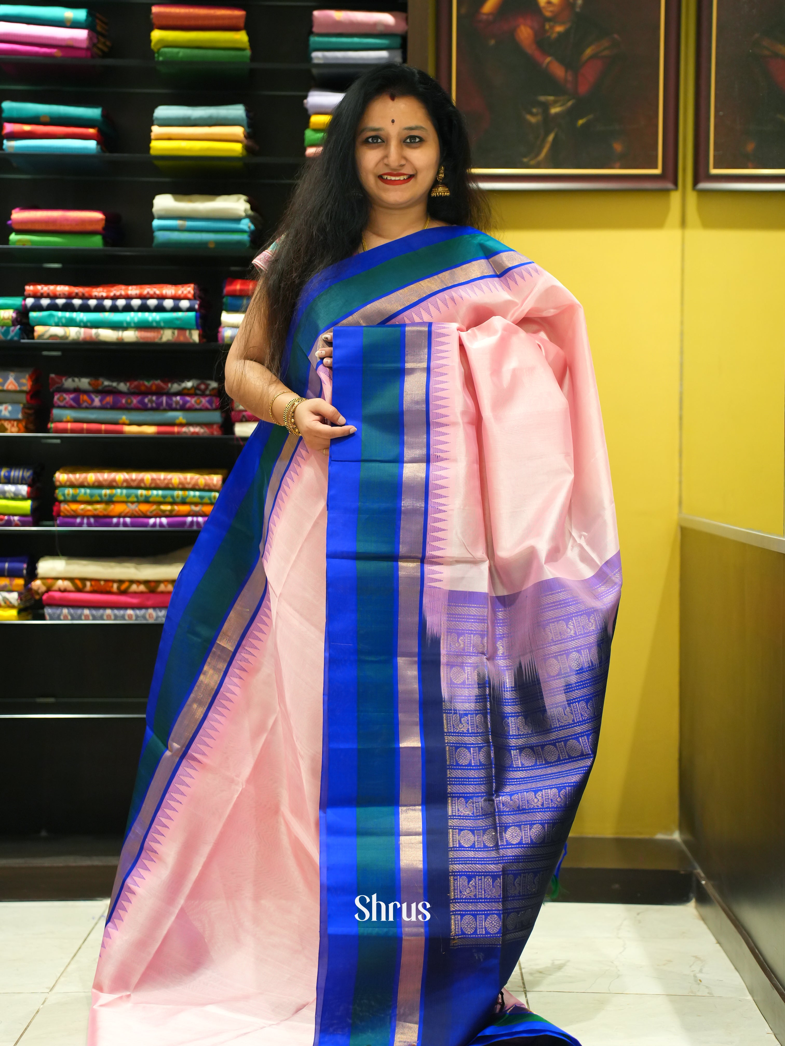 Pink & Blue - Silk Cotton Saree - Shop on ShrusEternity.com