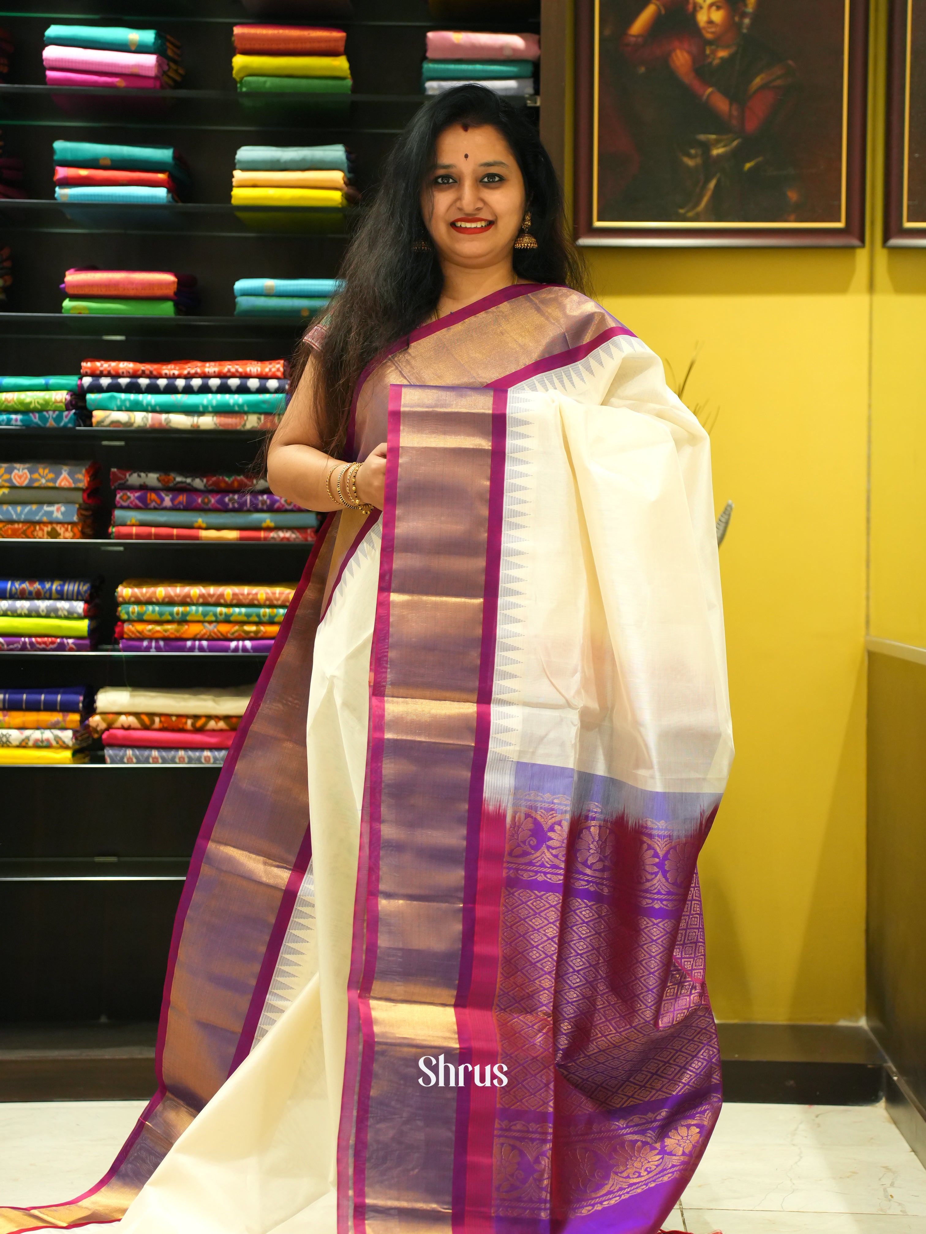 Cream & Purple - Silk Cotton Saree - Shop on ShrusEternity.com