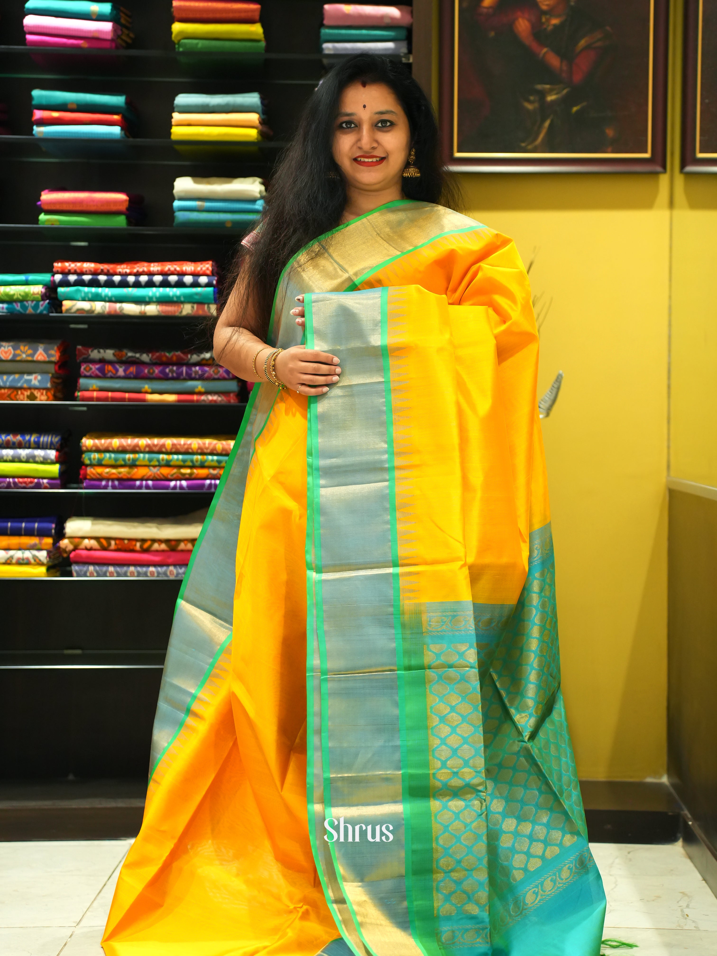Yellow & Teal Green - Silk Cotton Saree - Shop on ShrusEternity.com
