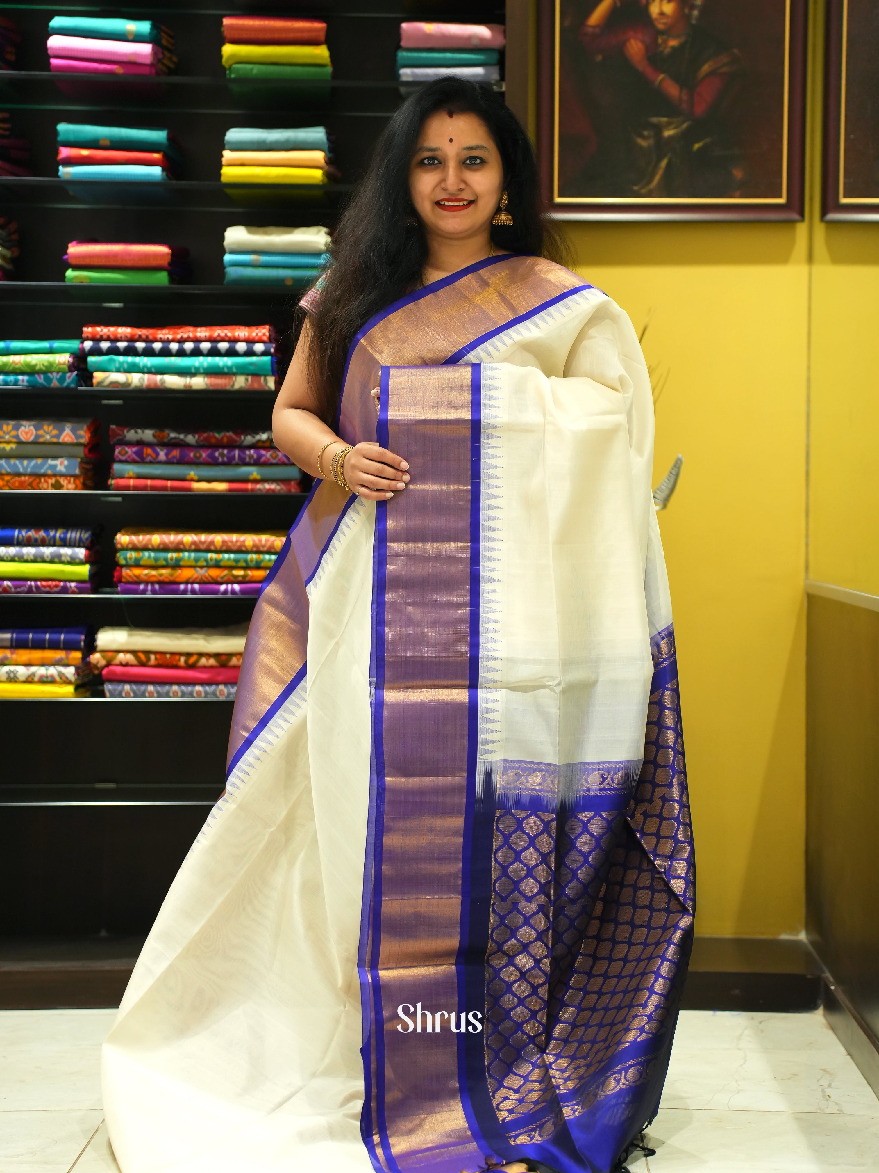 Cream & Blue - Silk Cotton Saree - Shop on ShrusEternity.com
