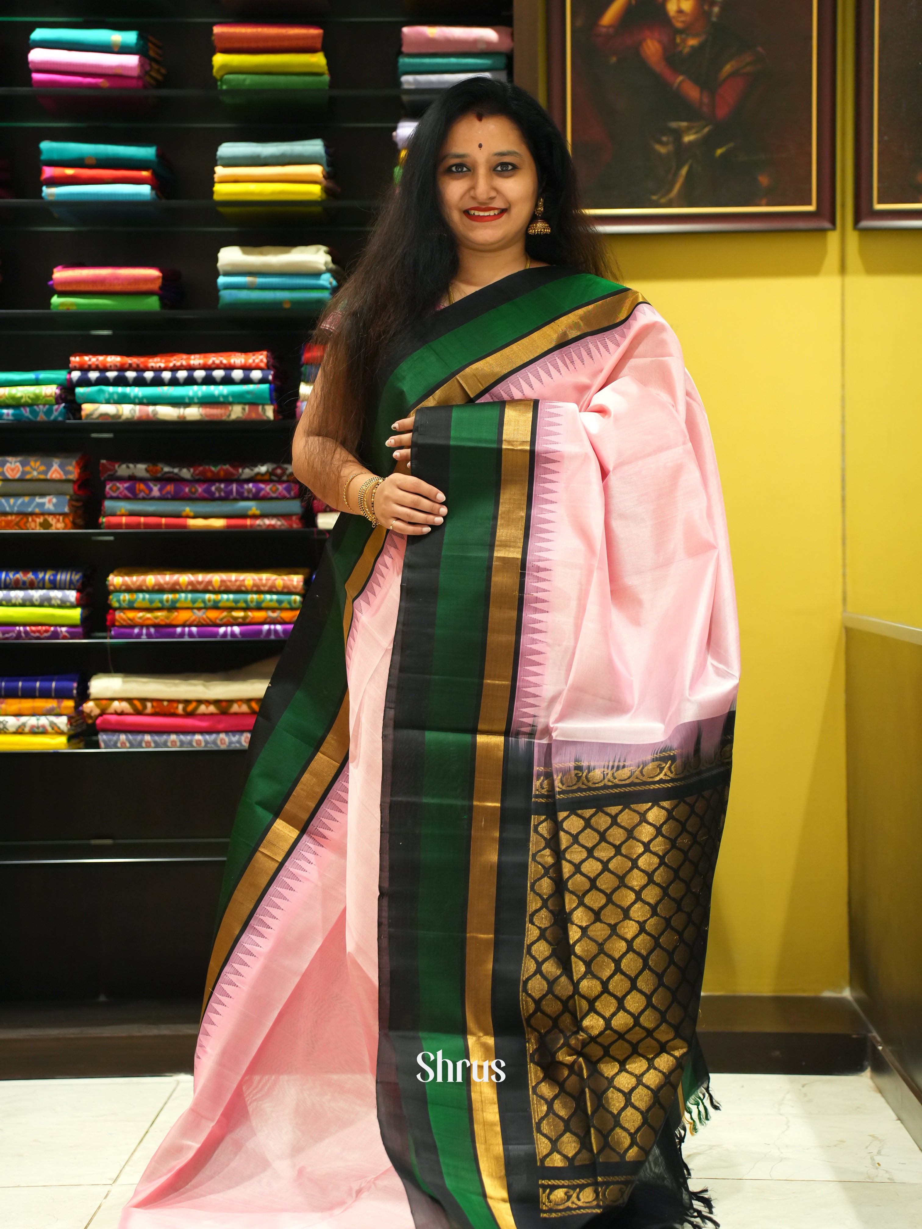 Pink & Black - Silk Cotton Saree - Shop on ShrusEternity.com