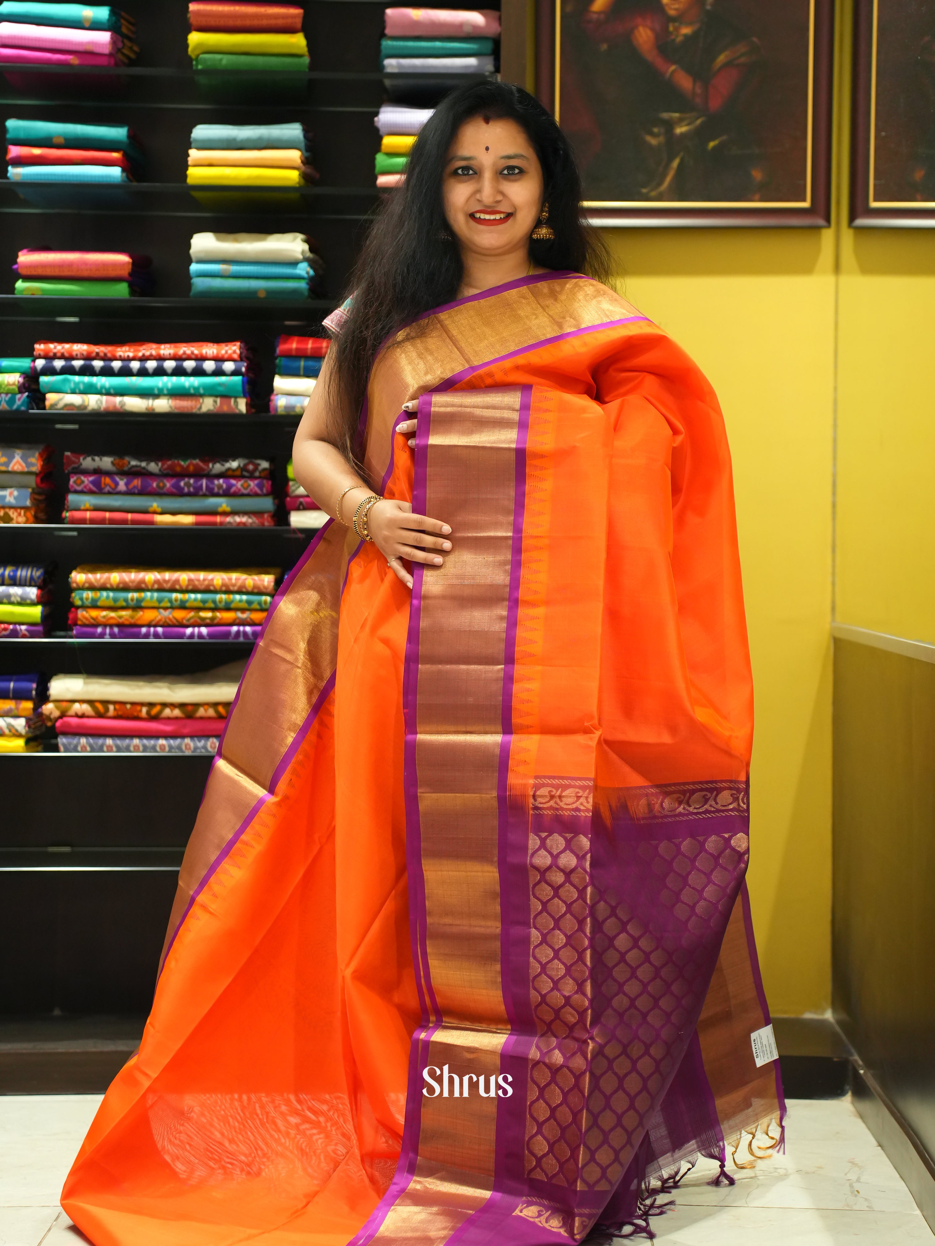 Orange & Purple- Silk Cotton Saree - Shop on ShrusEternity.com