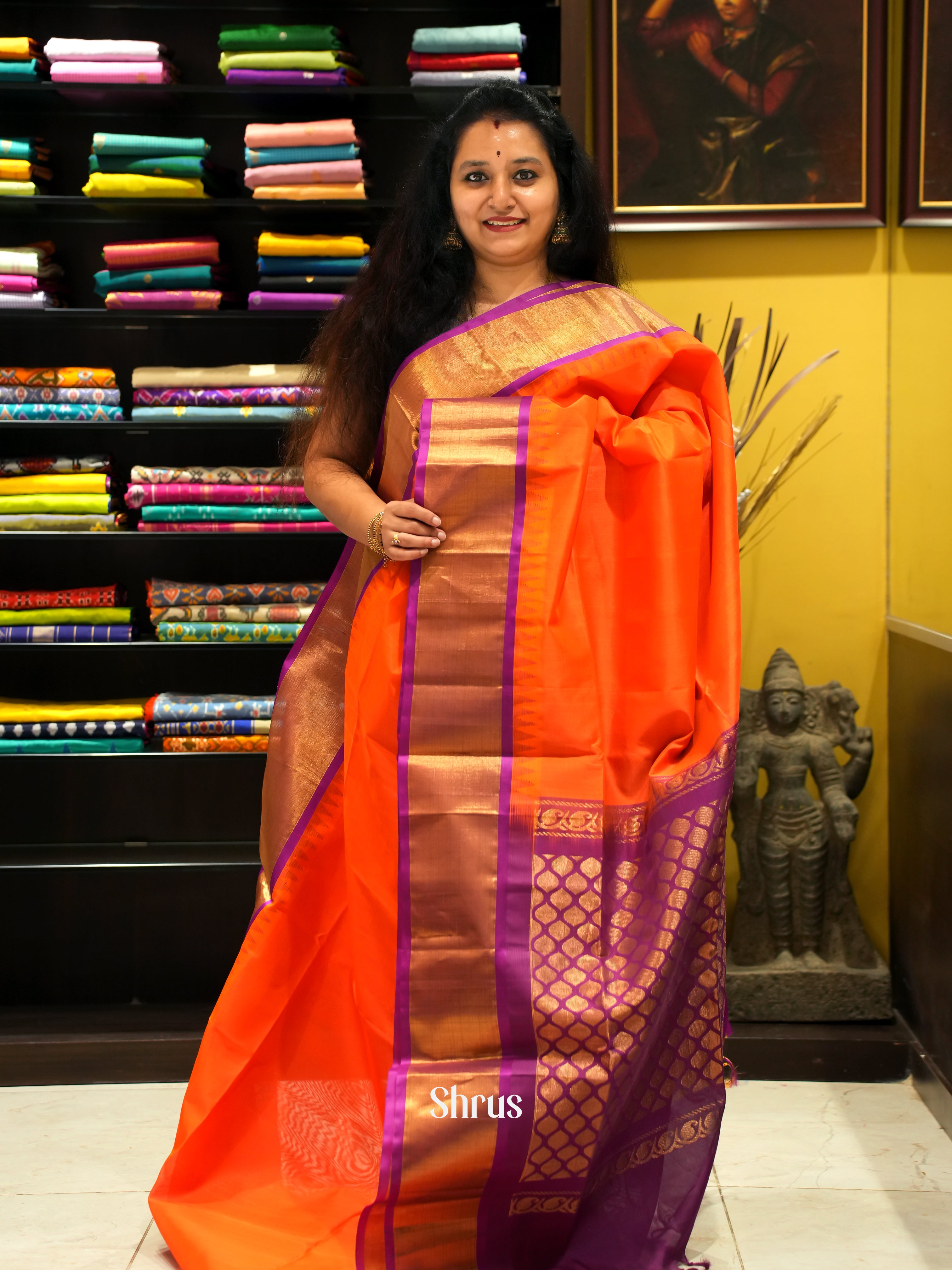Orange & Purple- Silk Cotton Saree - Shop on ShrusEternity.com