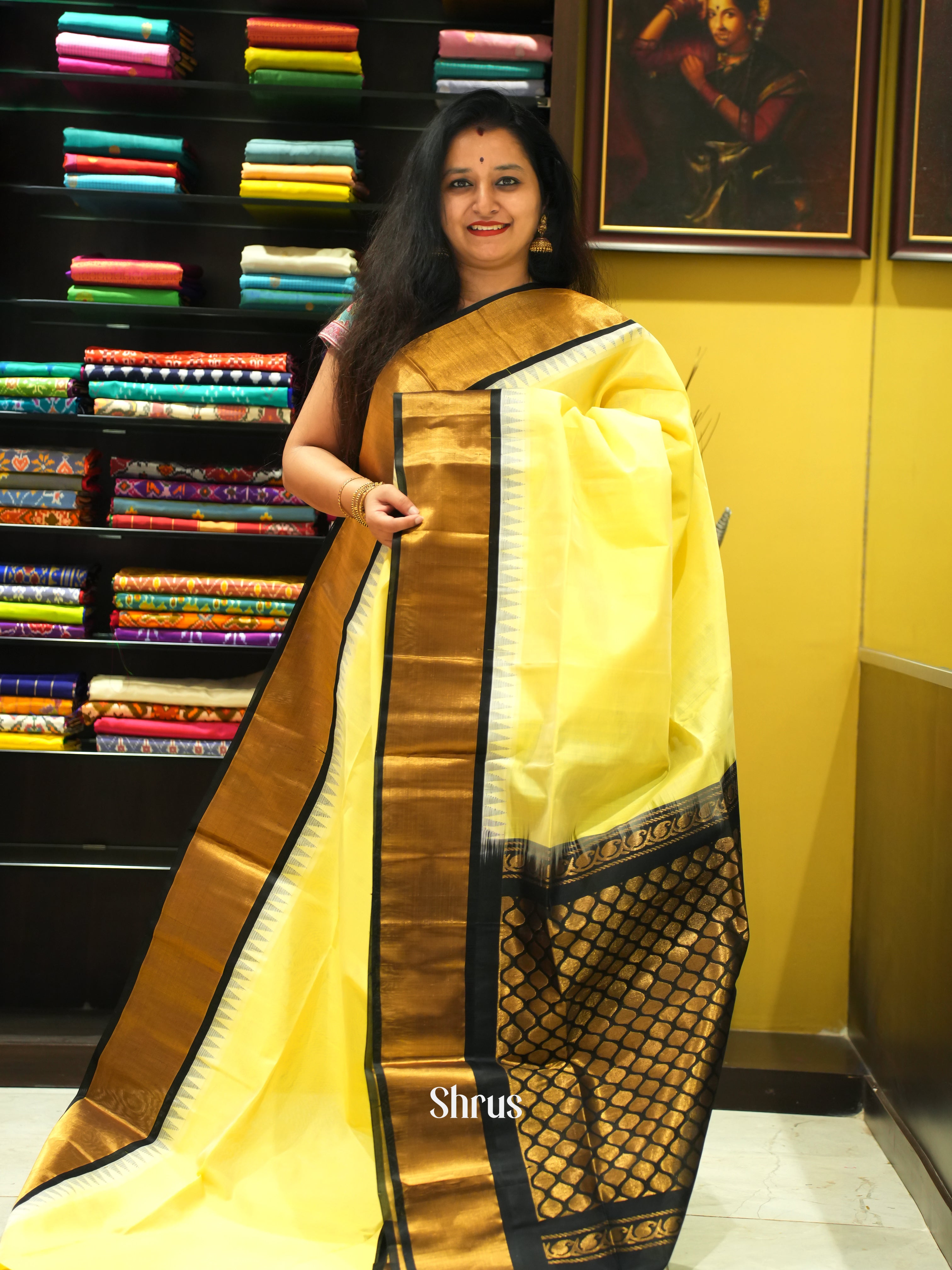 Yellow & Black - Silk Cotton Saree - Shop on ShrusEternity.com