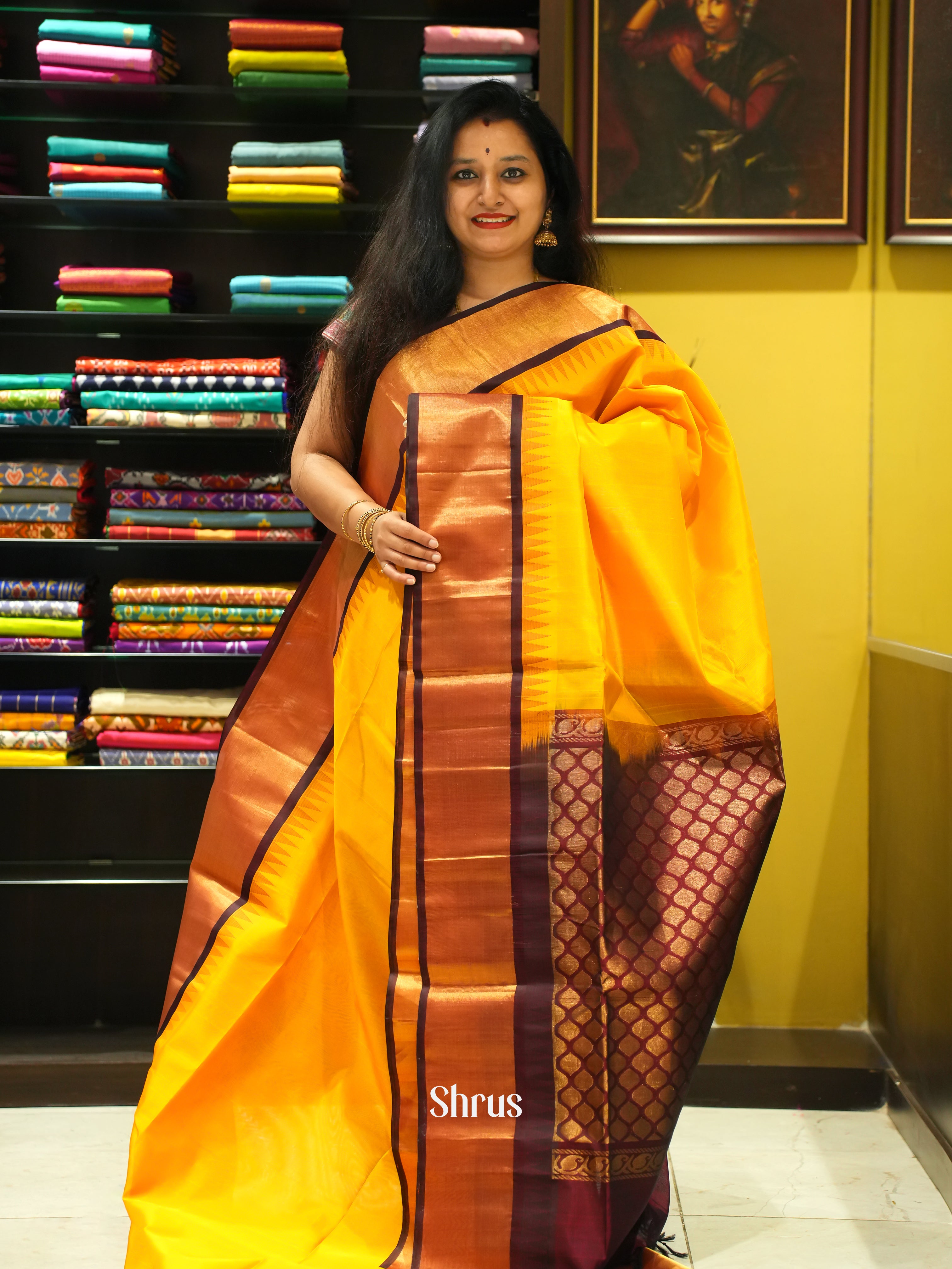 Yellow & Brown - Silk Cotton Saree - Shop on ShrusEternity.com