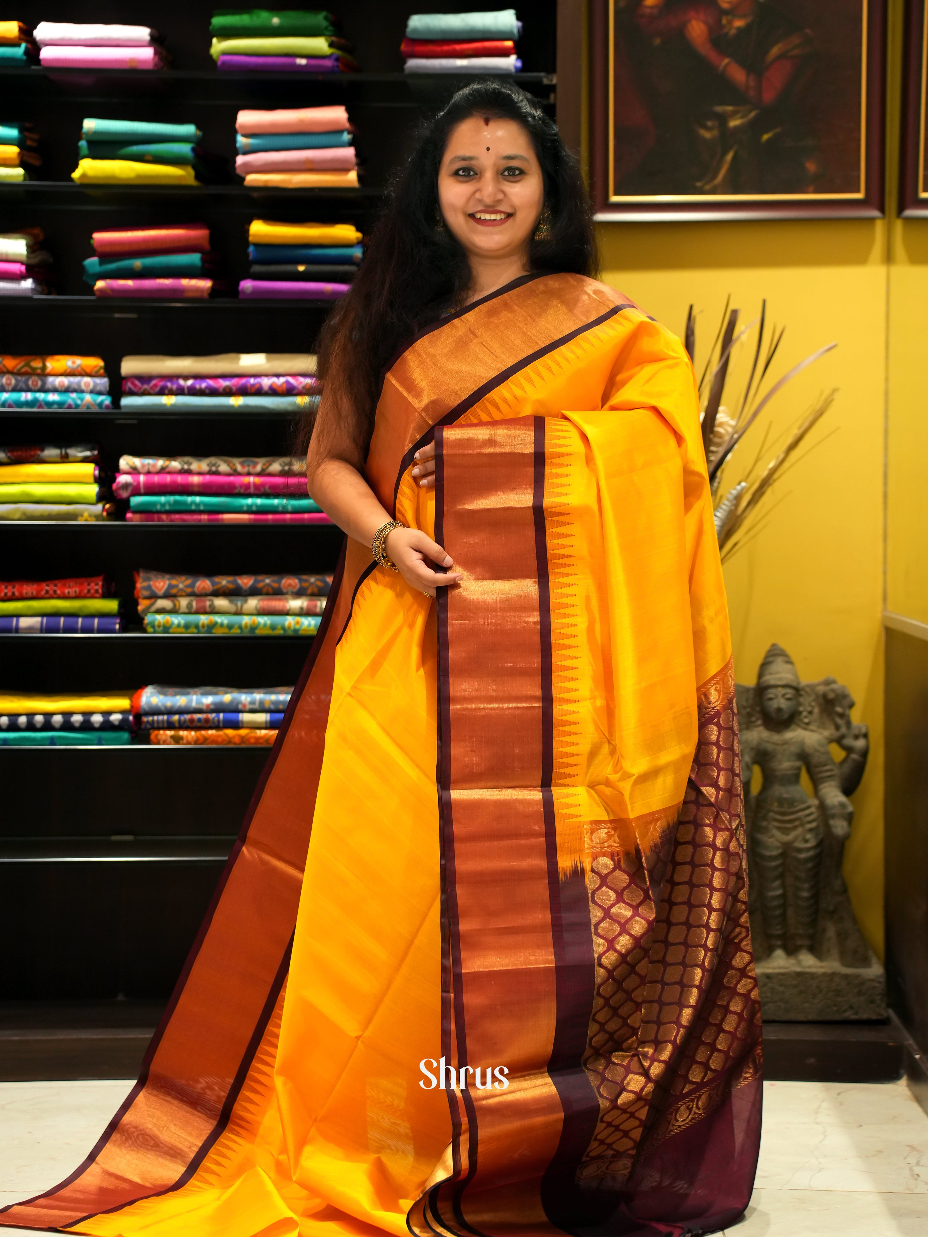 Yellow & Brown - Silk Cotton Saree - Shop on ShrusEternity.com