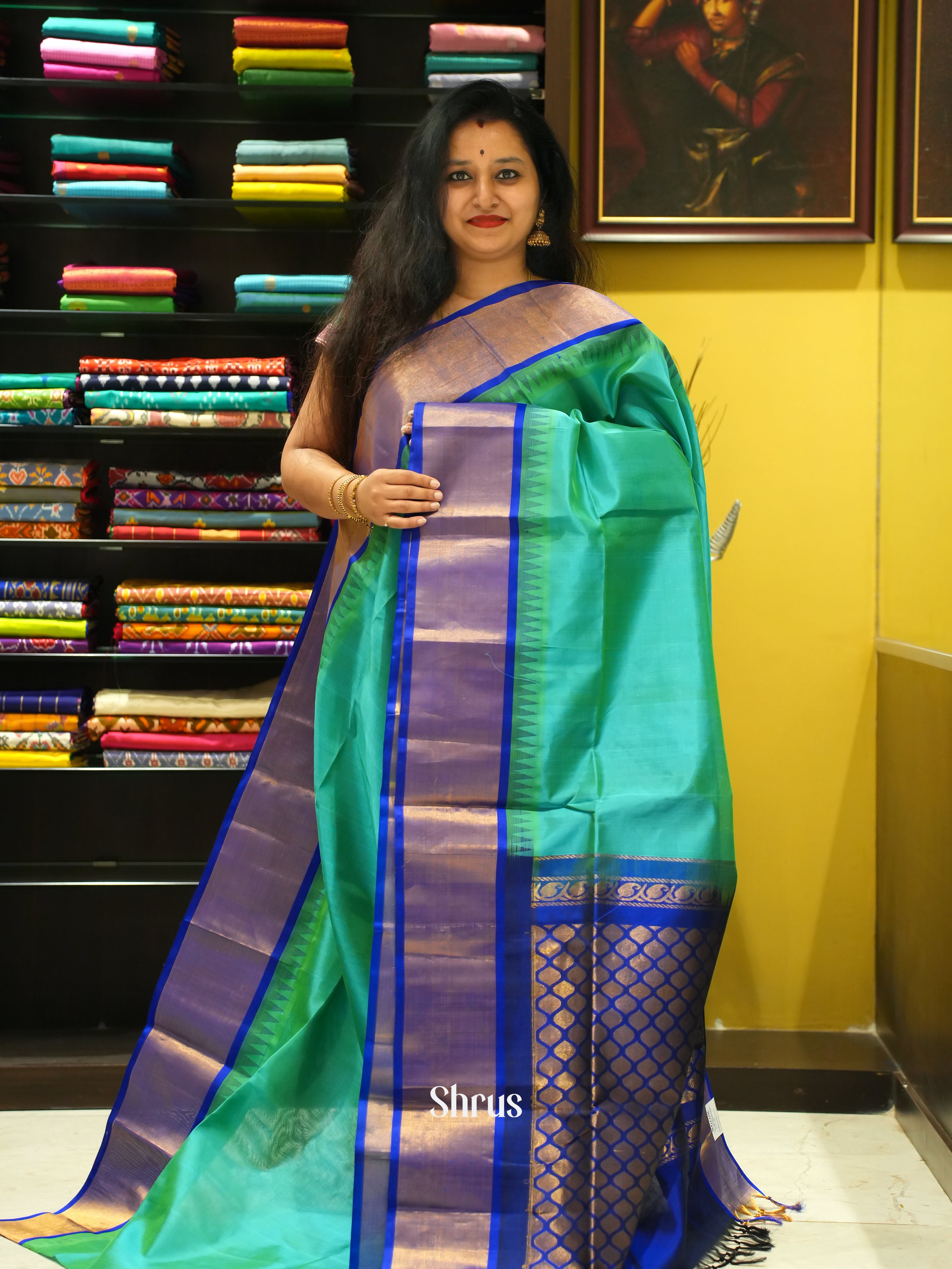 Teal & Blue - Silk Cotton Saree - Shop on ShrusEternity.com