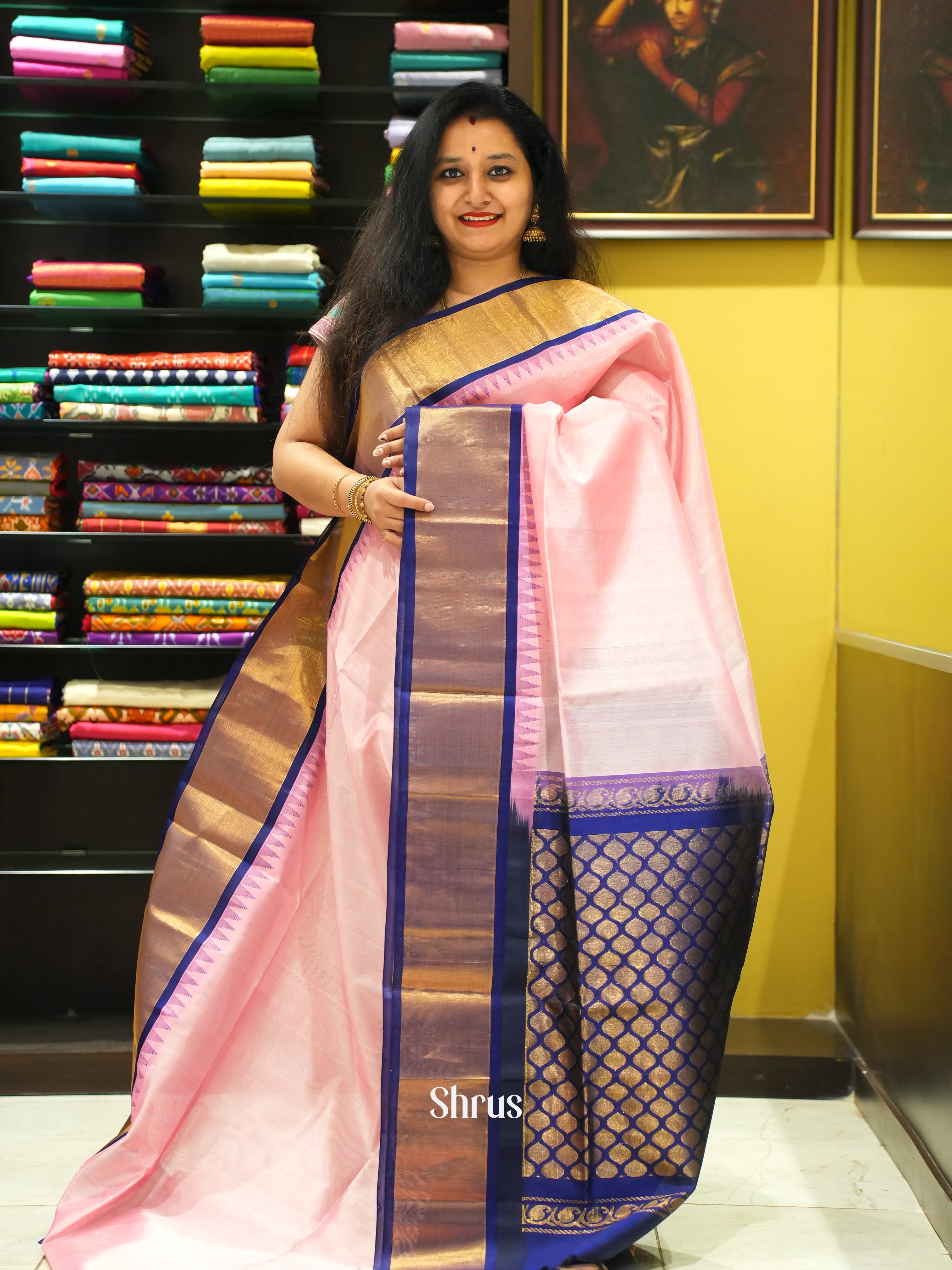 Pink & Blue - Silk Cotton Saree - Shop on ShrusEternity.com