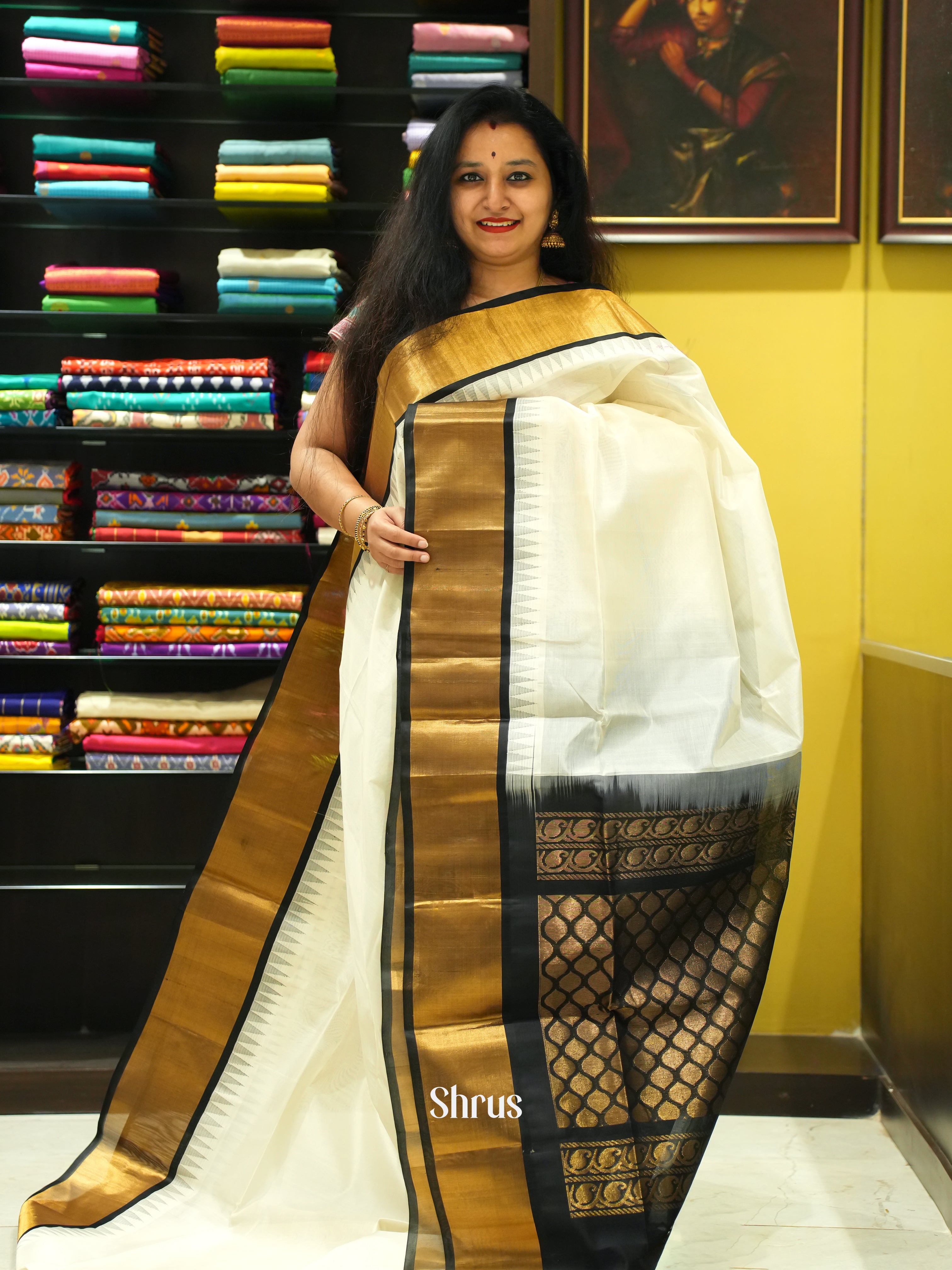 Cream & Black - Silk Cotton Saree - Shop on ShrusEternity.com