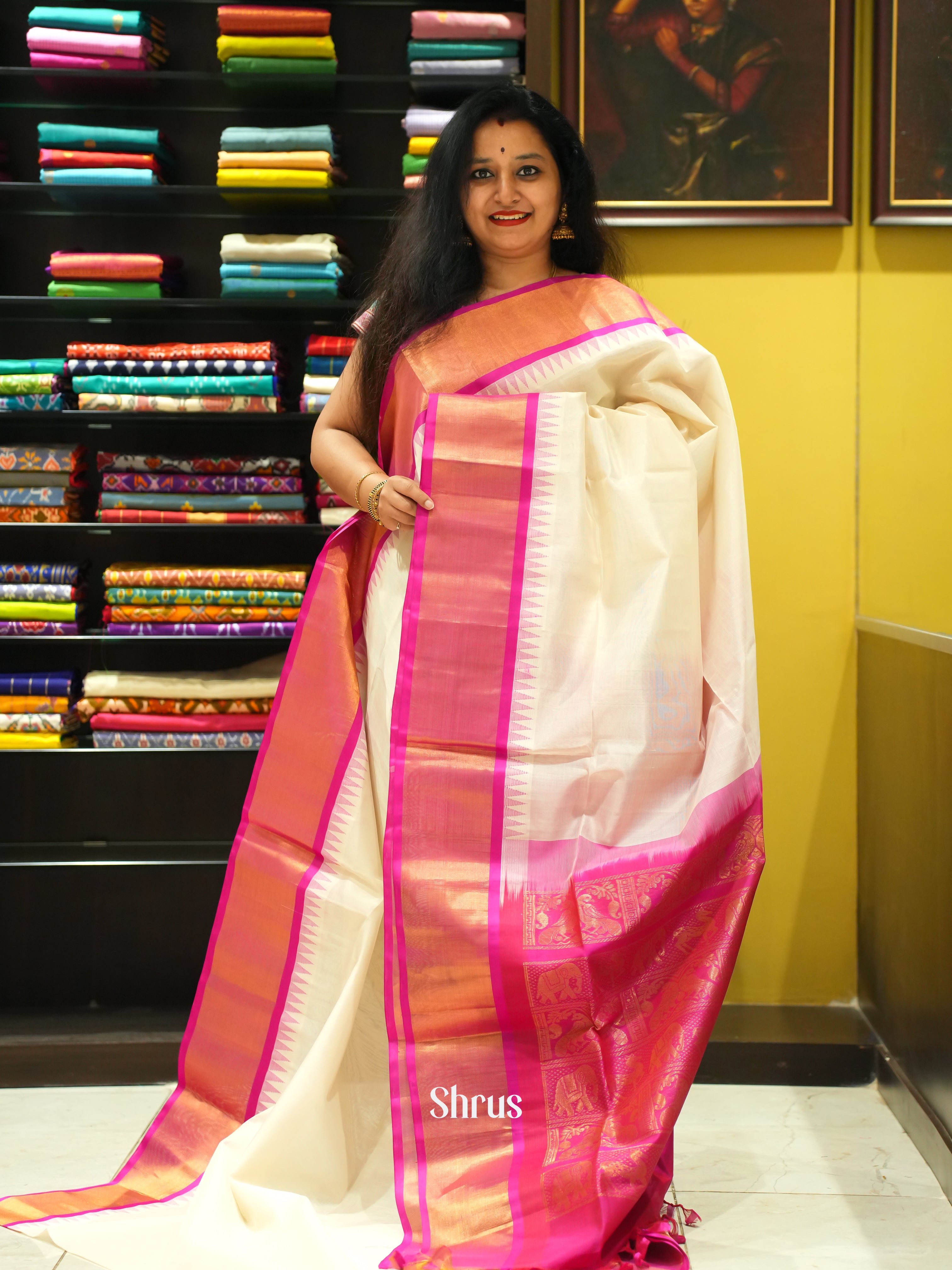 Cream & Pink - Silk Cotton Saree - Shop on ShrusEternity.com