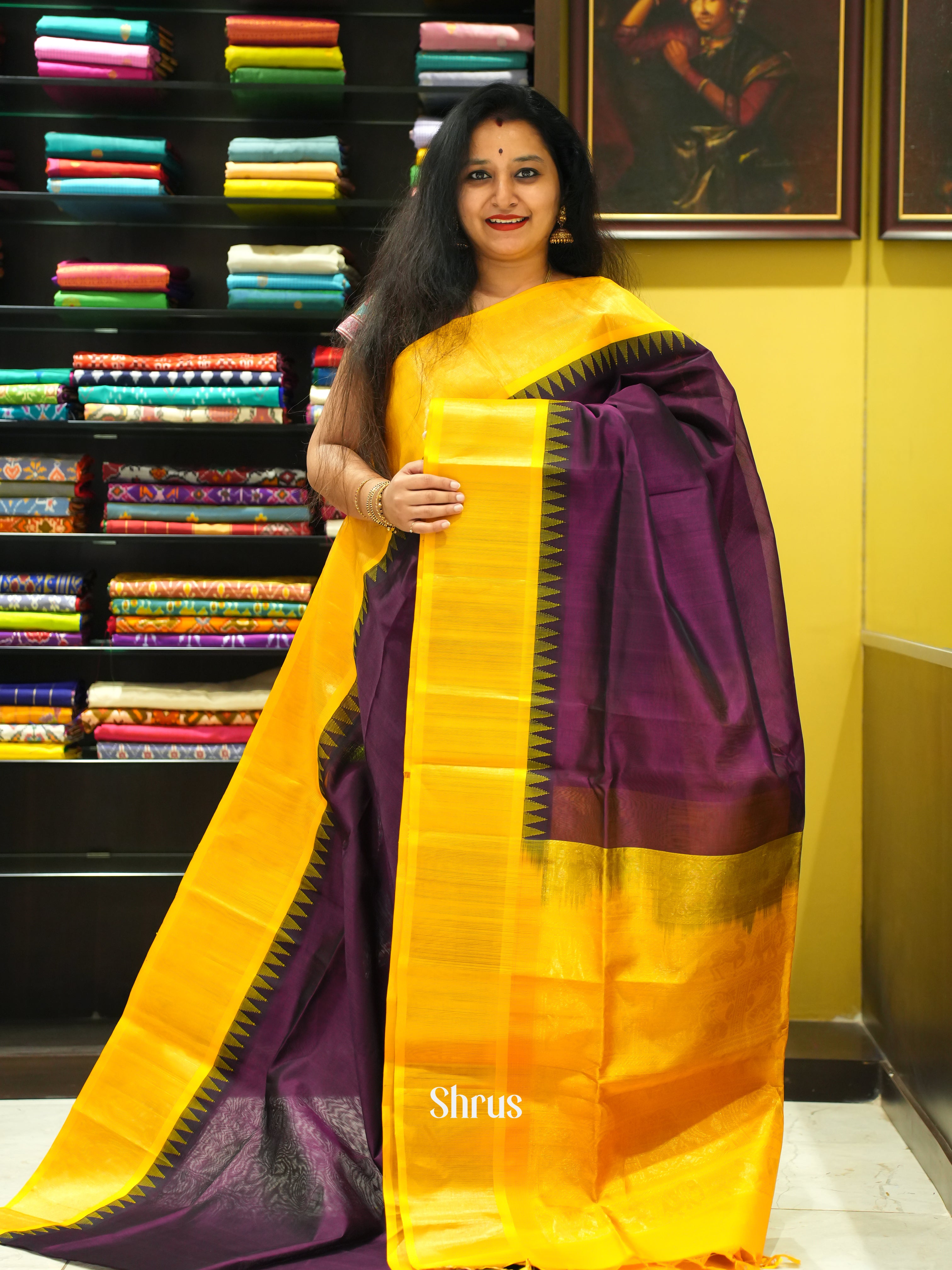 Purple & Yellow - Silk Cotton Saree - Shop on ShrusEternity.com