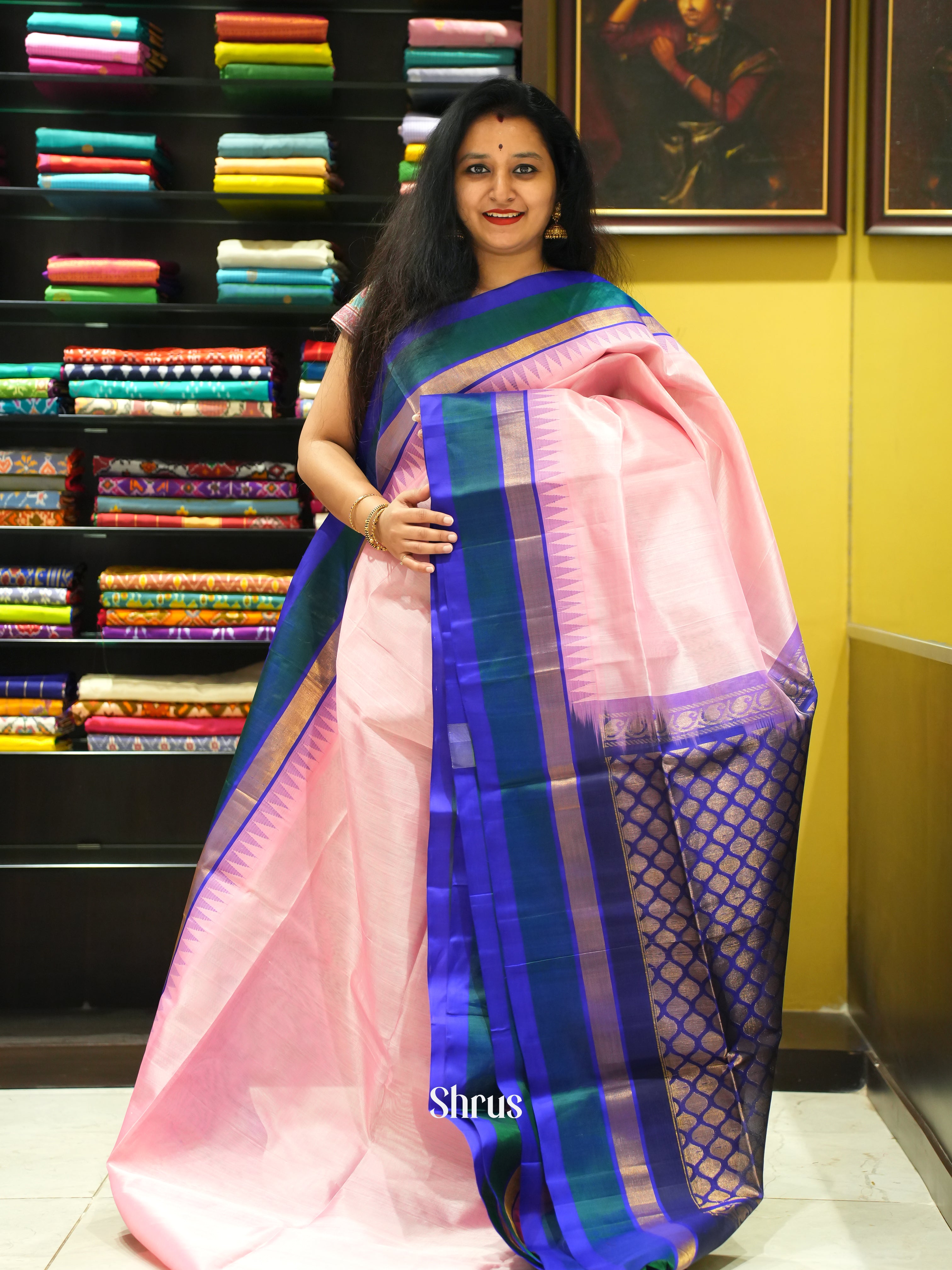 Pink & Blue- Silk Cotton Saree - Shop on ShrusEternity.com