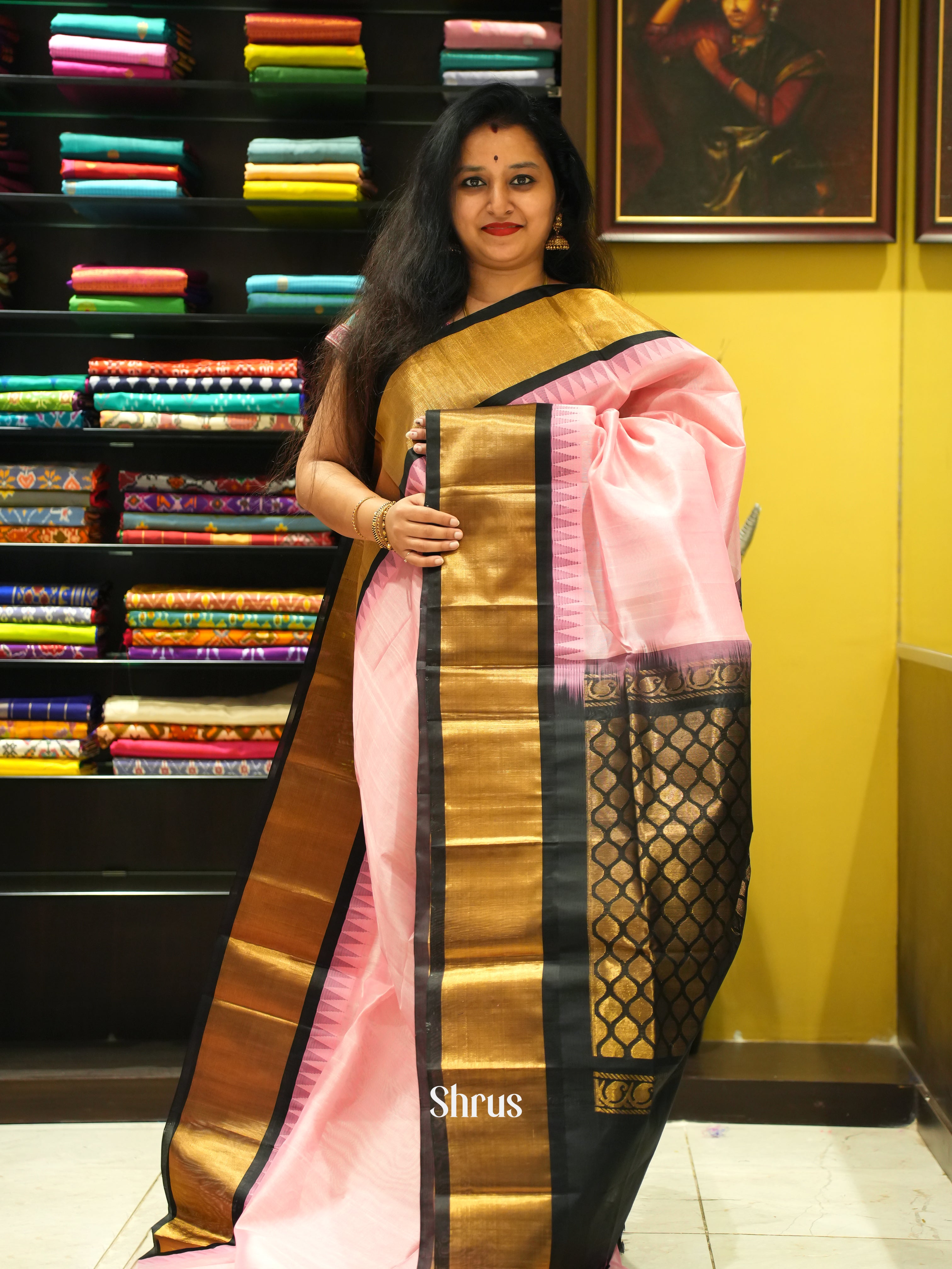 Pink & Black - Silk Cotton Saree - Shop on ShrusEternity.com