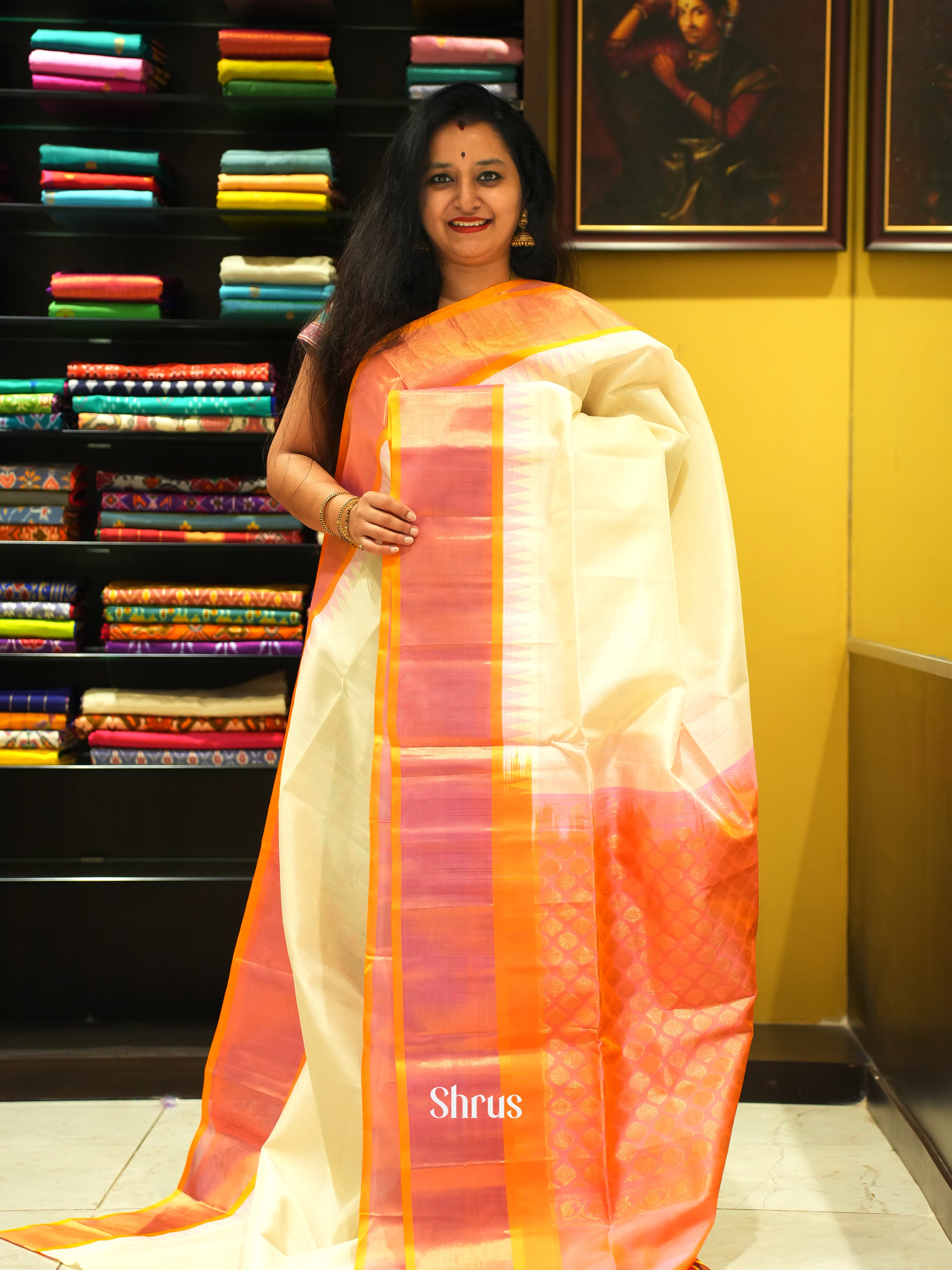 Cream & Orange - Silk Cotton Saree - Shop on ShrusEternity.com