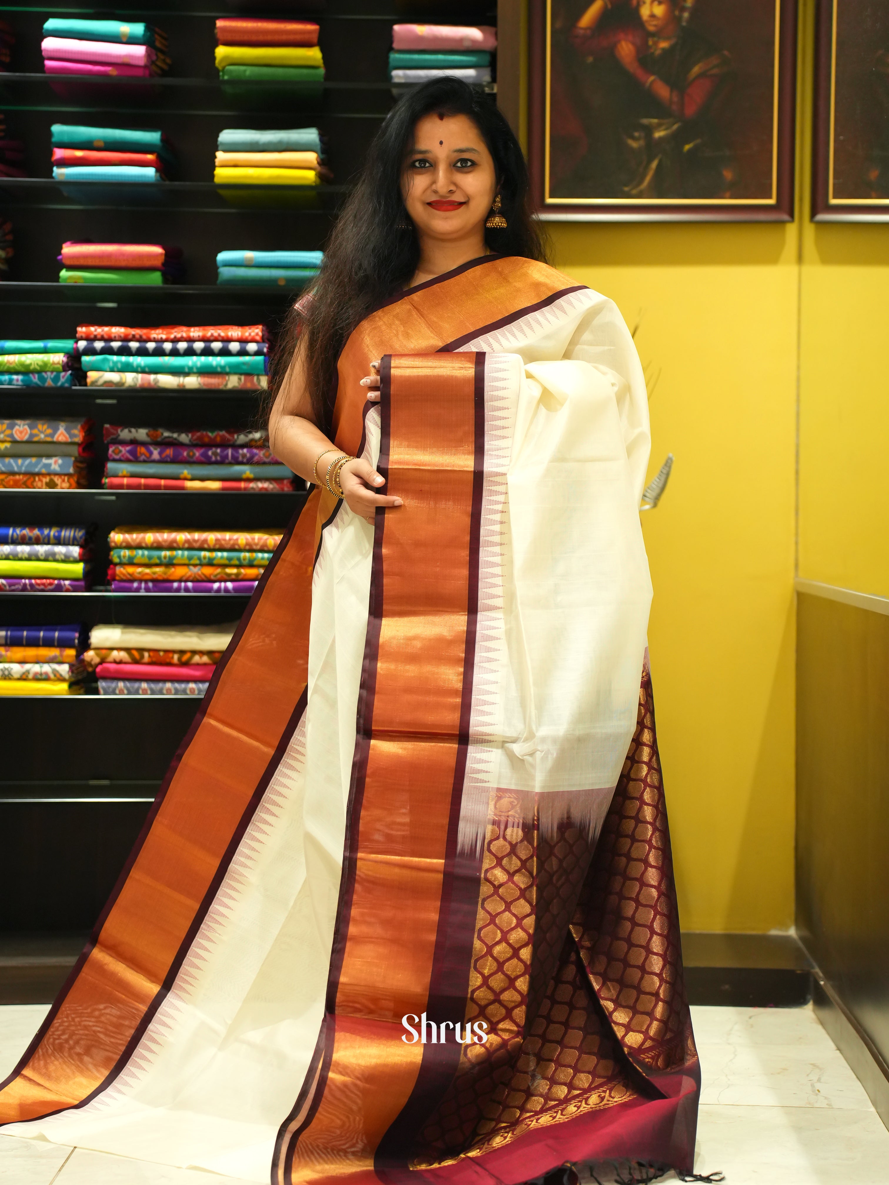 Cream & Black - Silk Cotton Saree - Shop on ShrusEternity.com