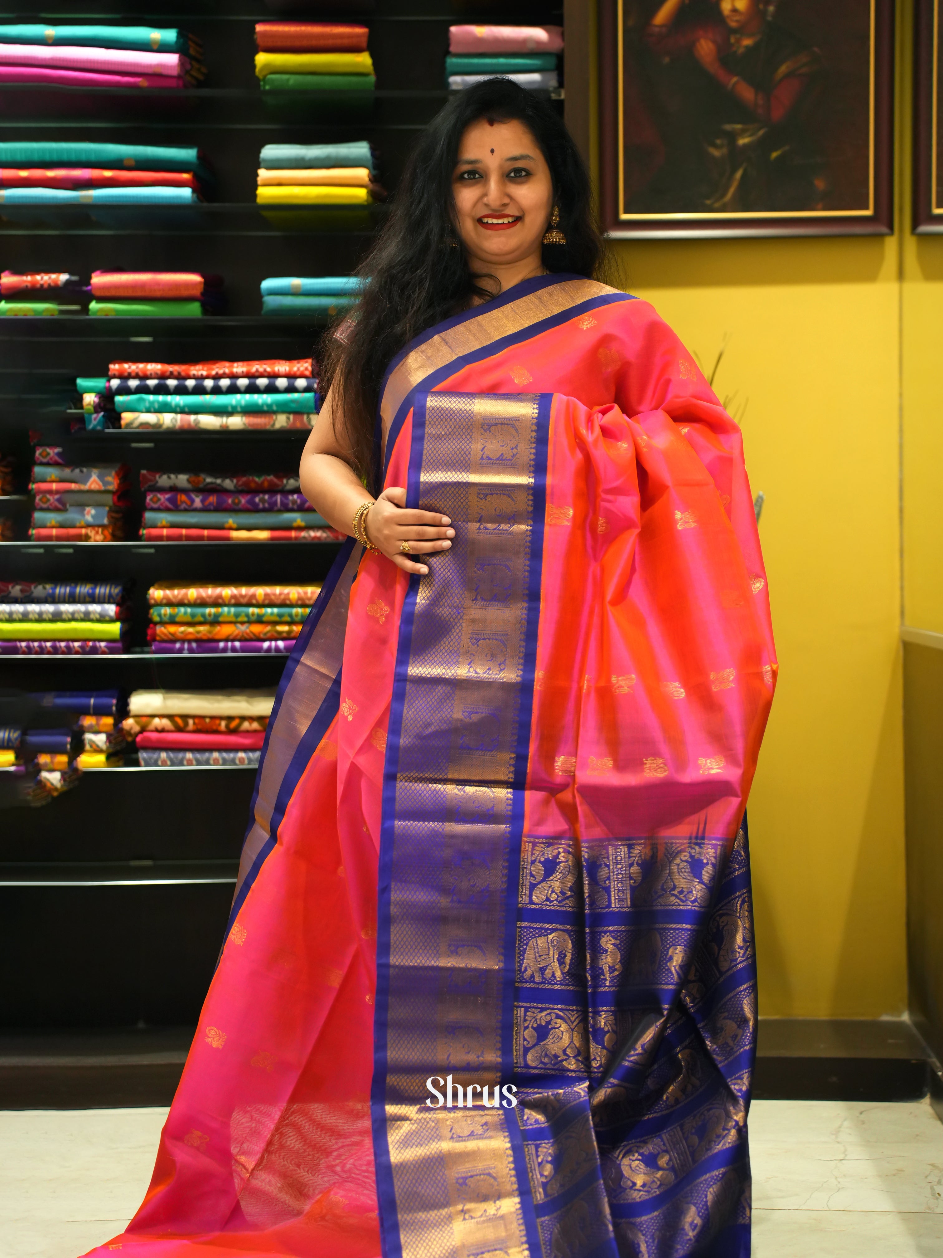 Pink & Blue - Silk Cotton Saree - Shop on ShrusEternity.com