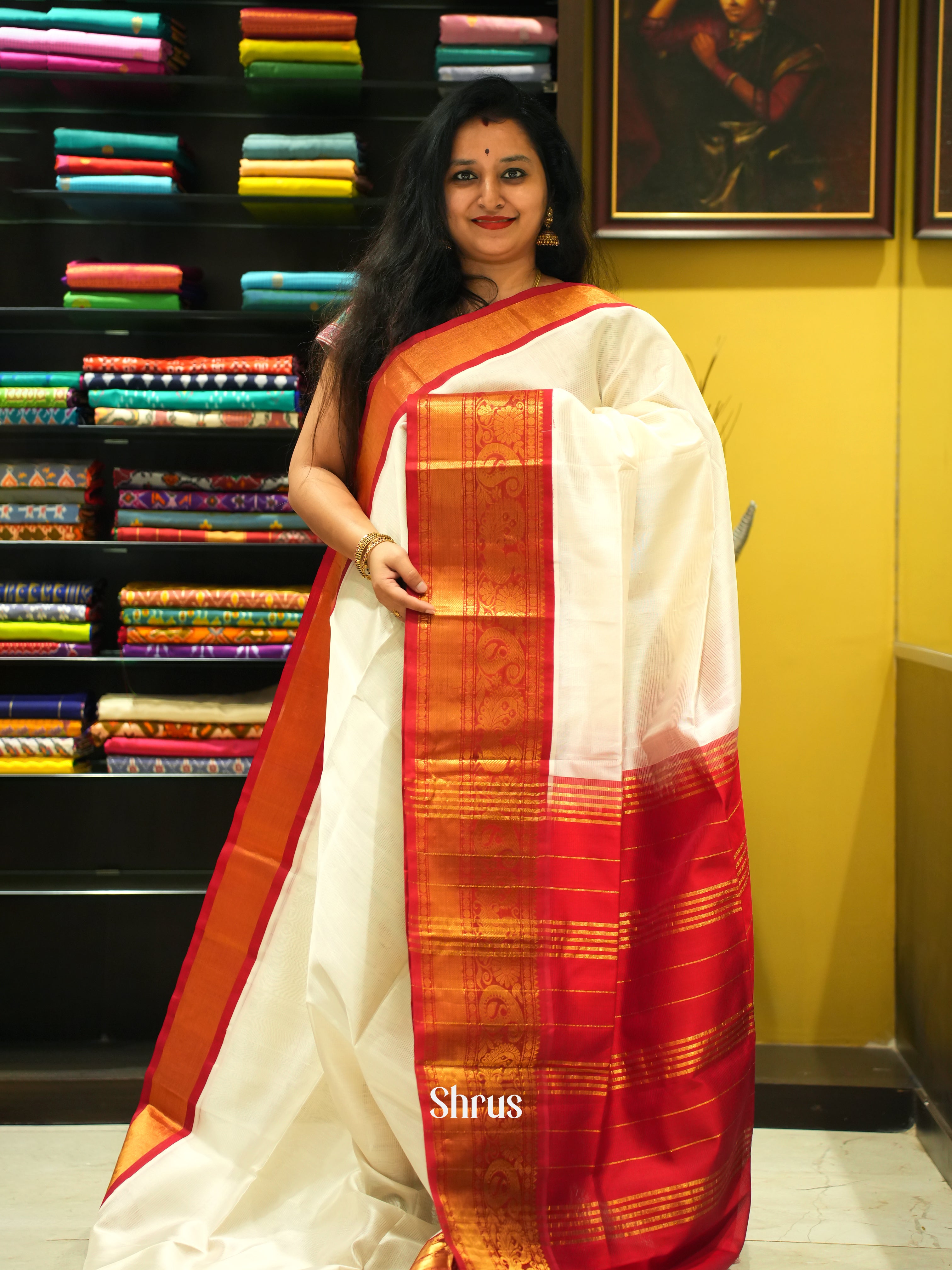 Cream & Red - Silk Cotton Saree - Shop on ShrusEternity.com