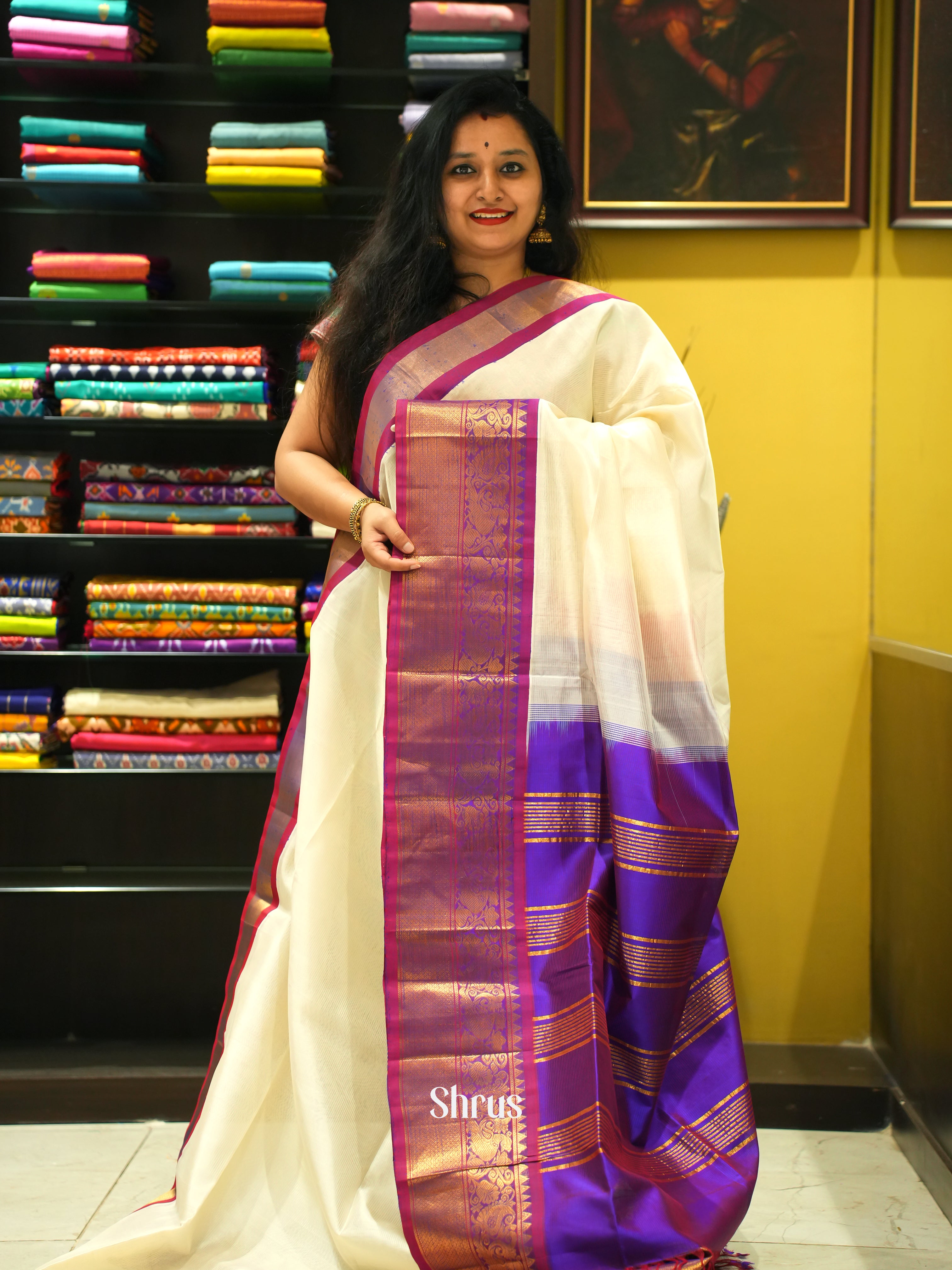 Cream & Purple - Silk Cotton Saree - Shop on ShrusEternity.com