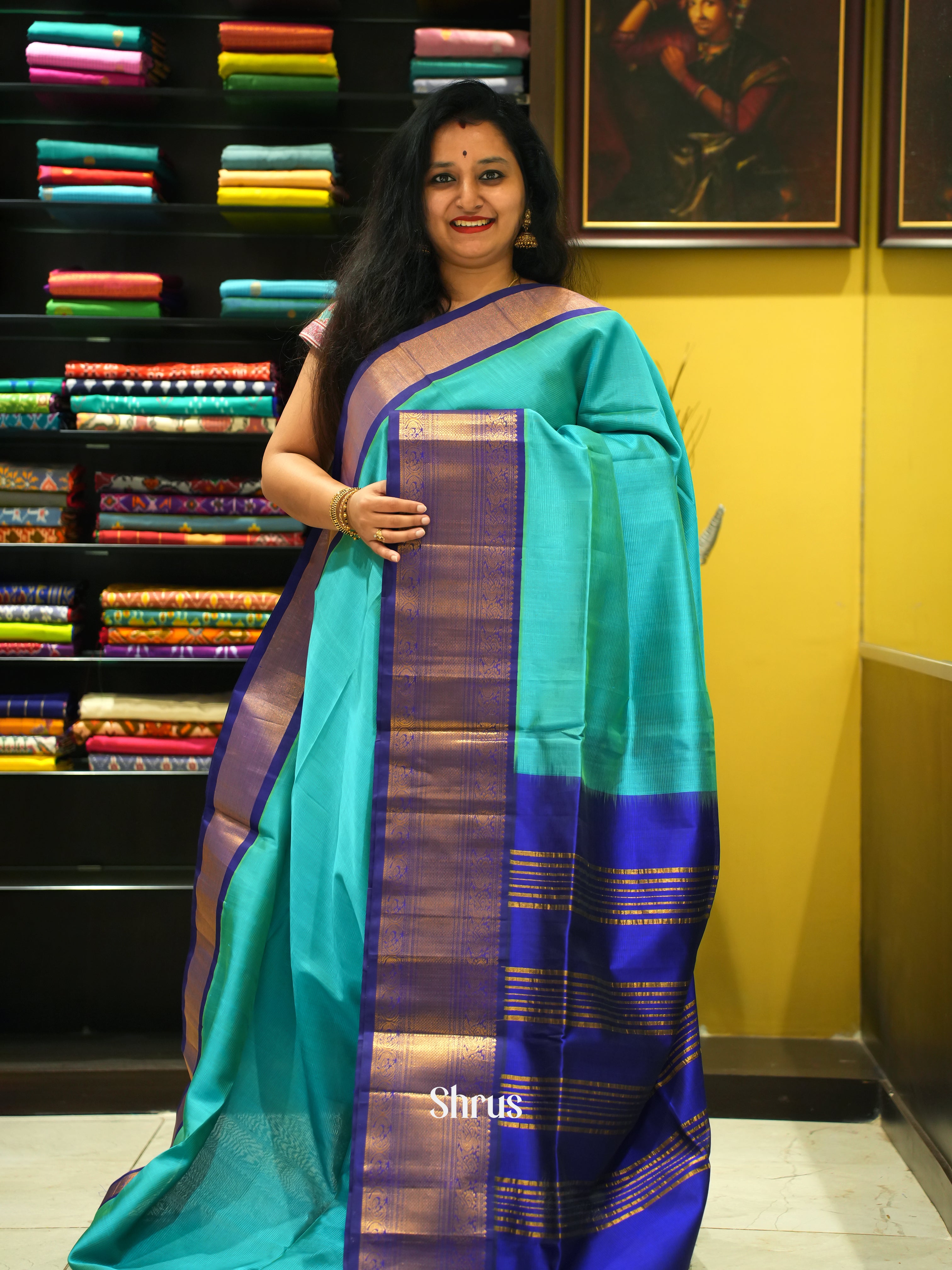 Teal & Blue -Silk Cotton Saree - Shop on ShrusEternity.com