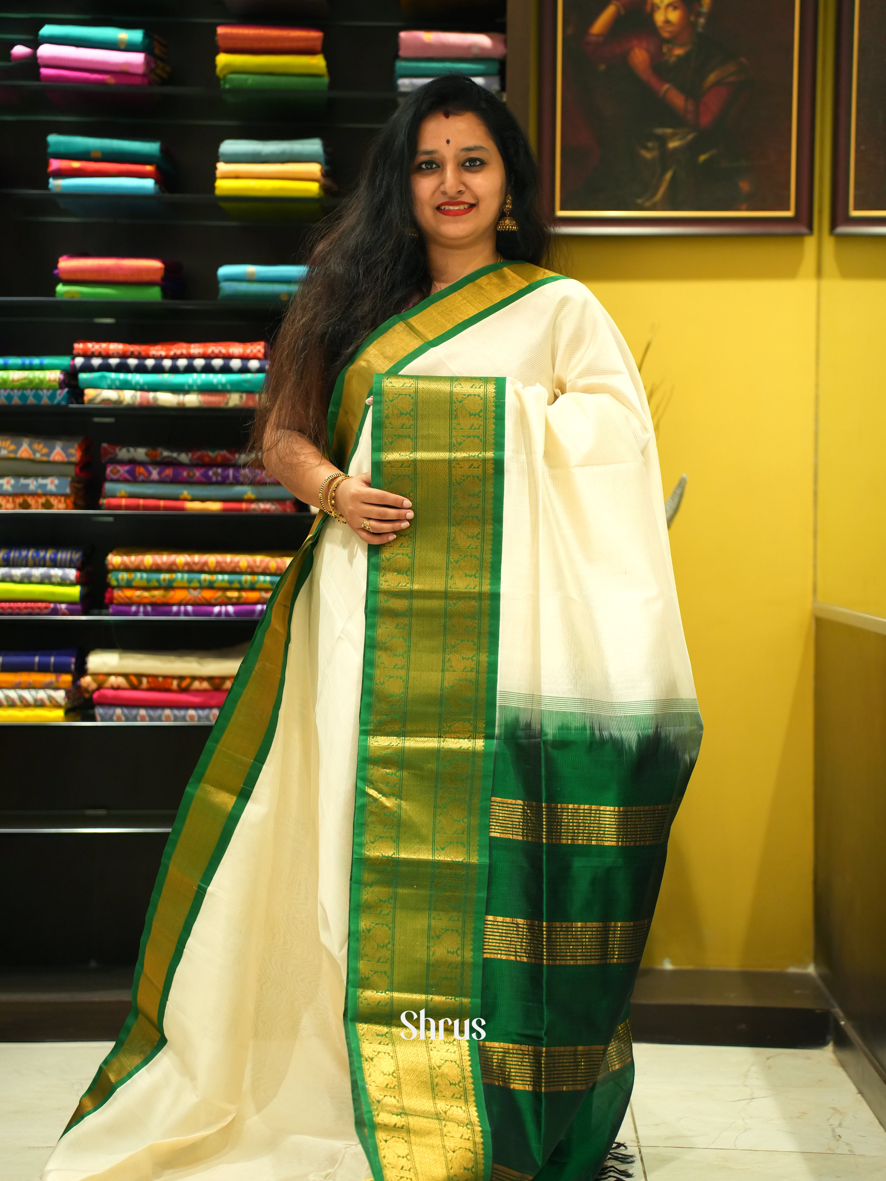 Cream & Green - Silk Cotton Saree - Shop on ShrusEternity.com