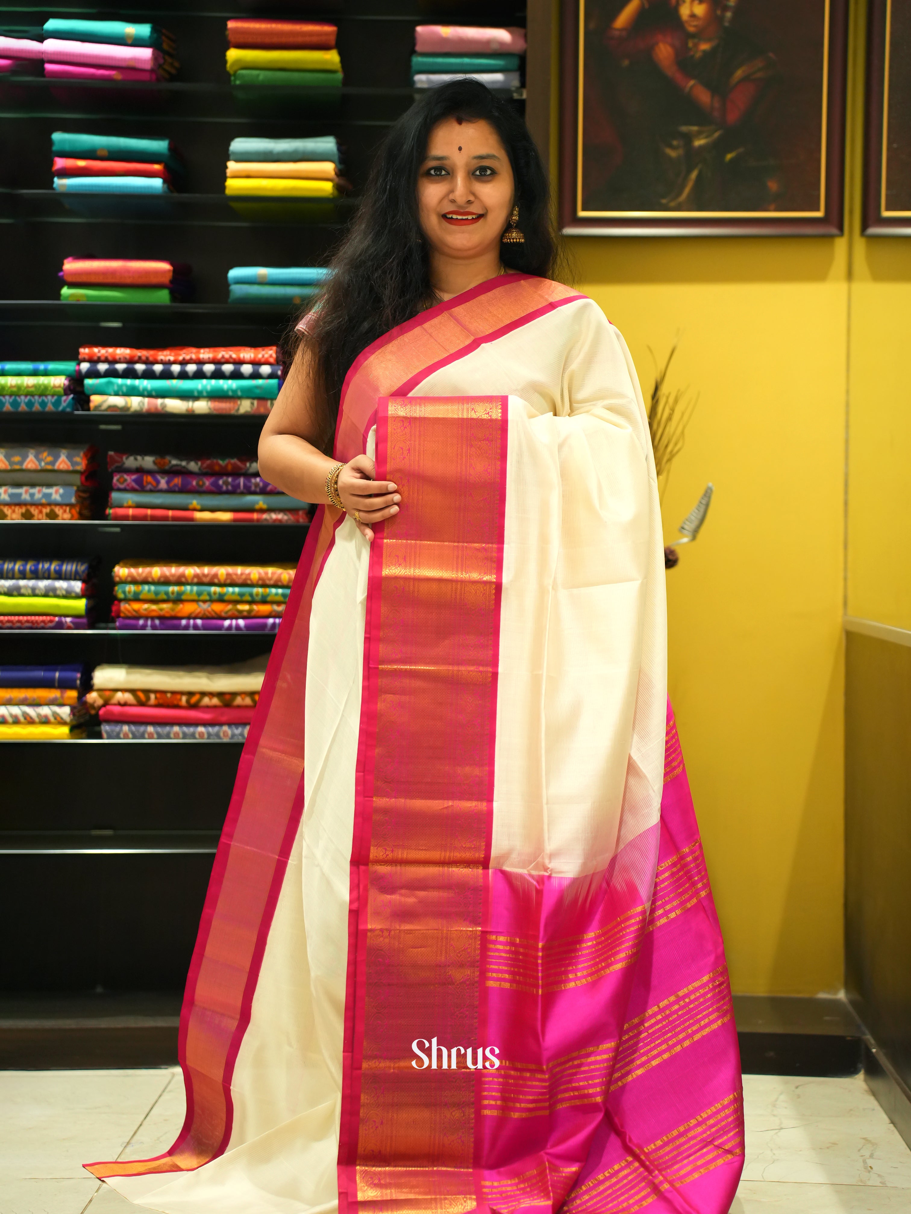 Cream & Pink - Silk Cotton Saree - Shop on ShrusEternity.com