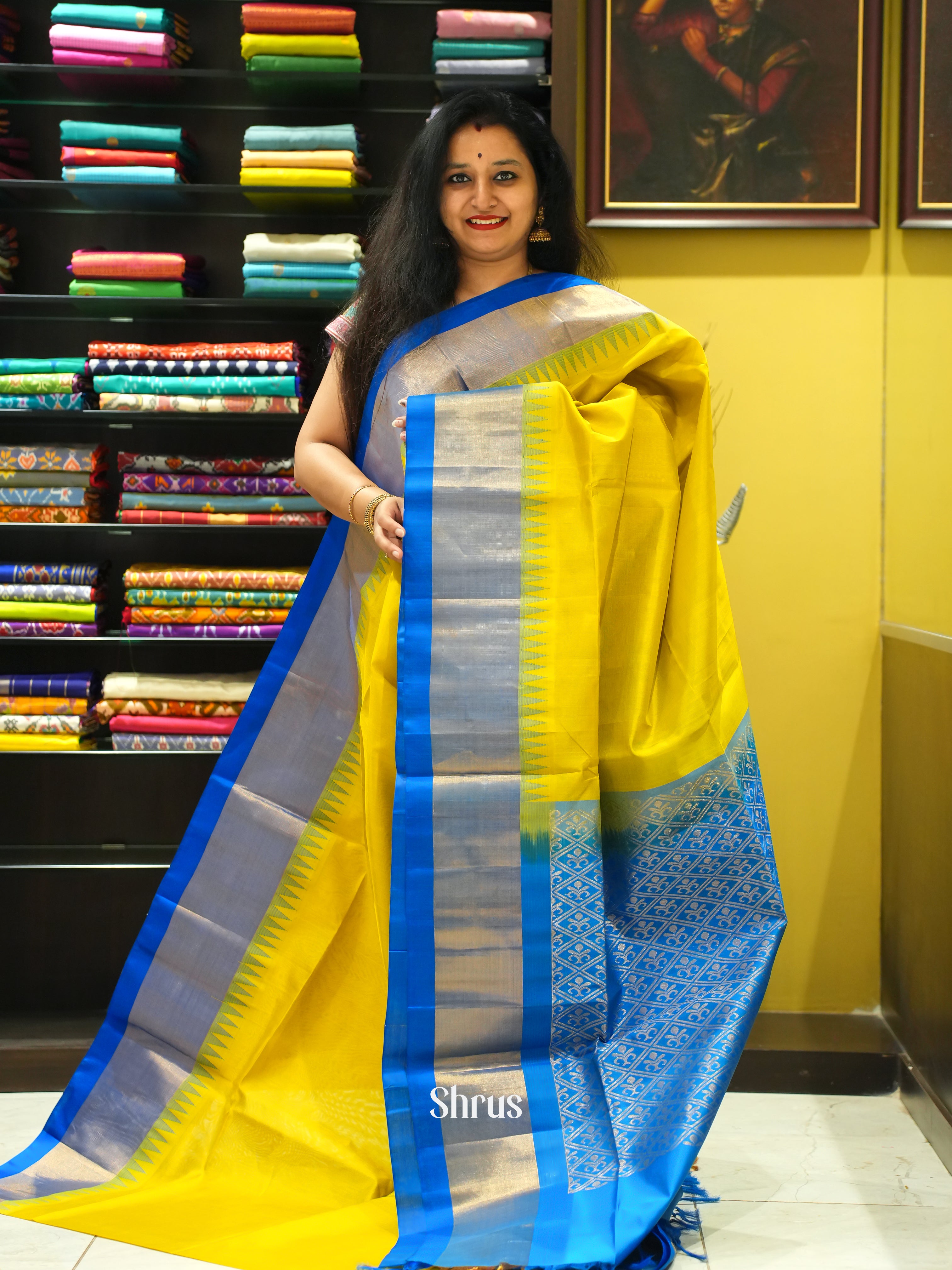 Yellow & Blue- Silk Cotton Saree - Shop on ShrusEternity.com