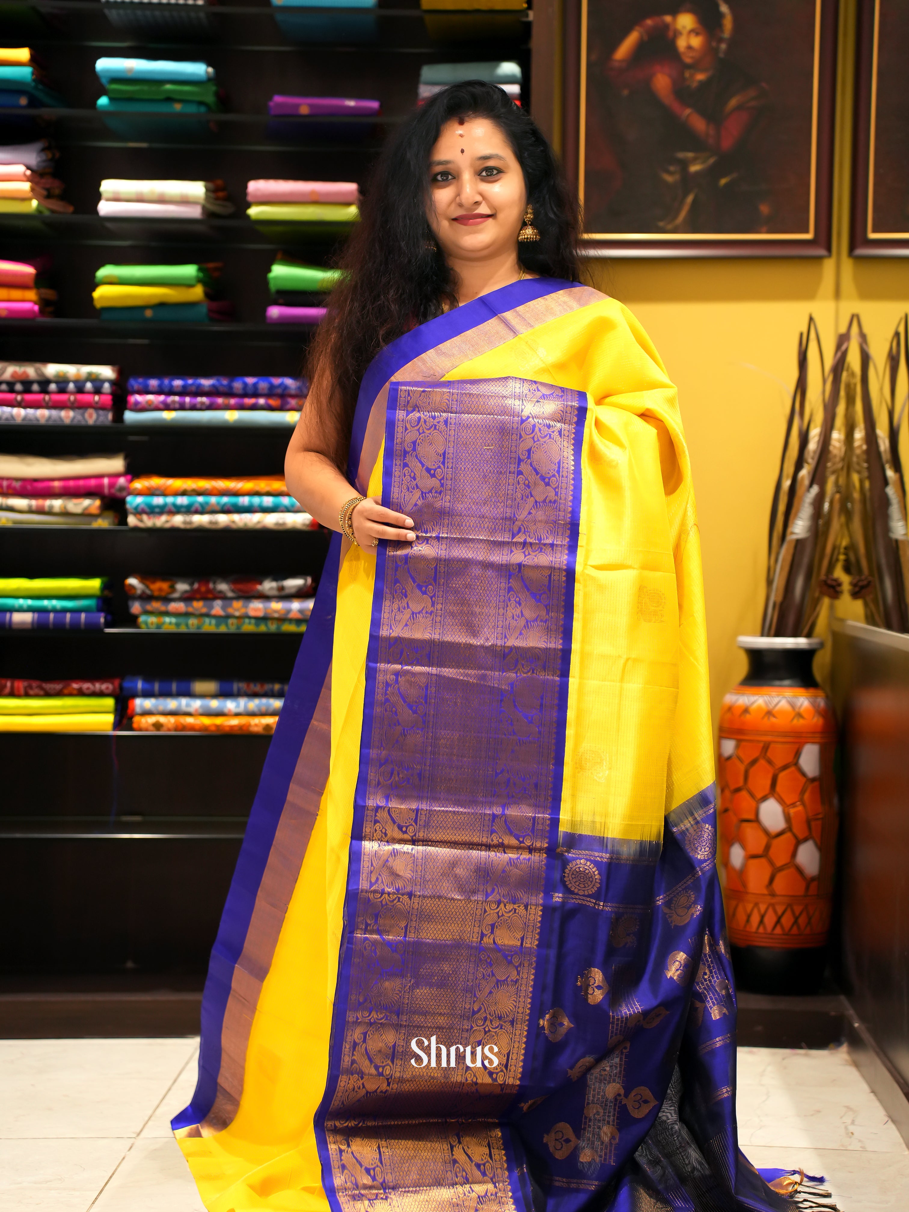 Yellow & Blue - Silk Cotton Saree - Shop on ShrusEternity.com