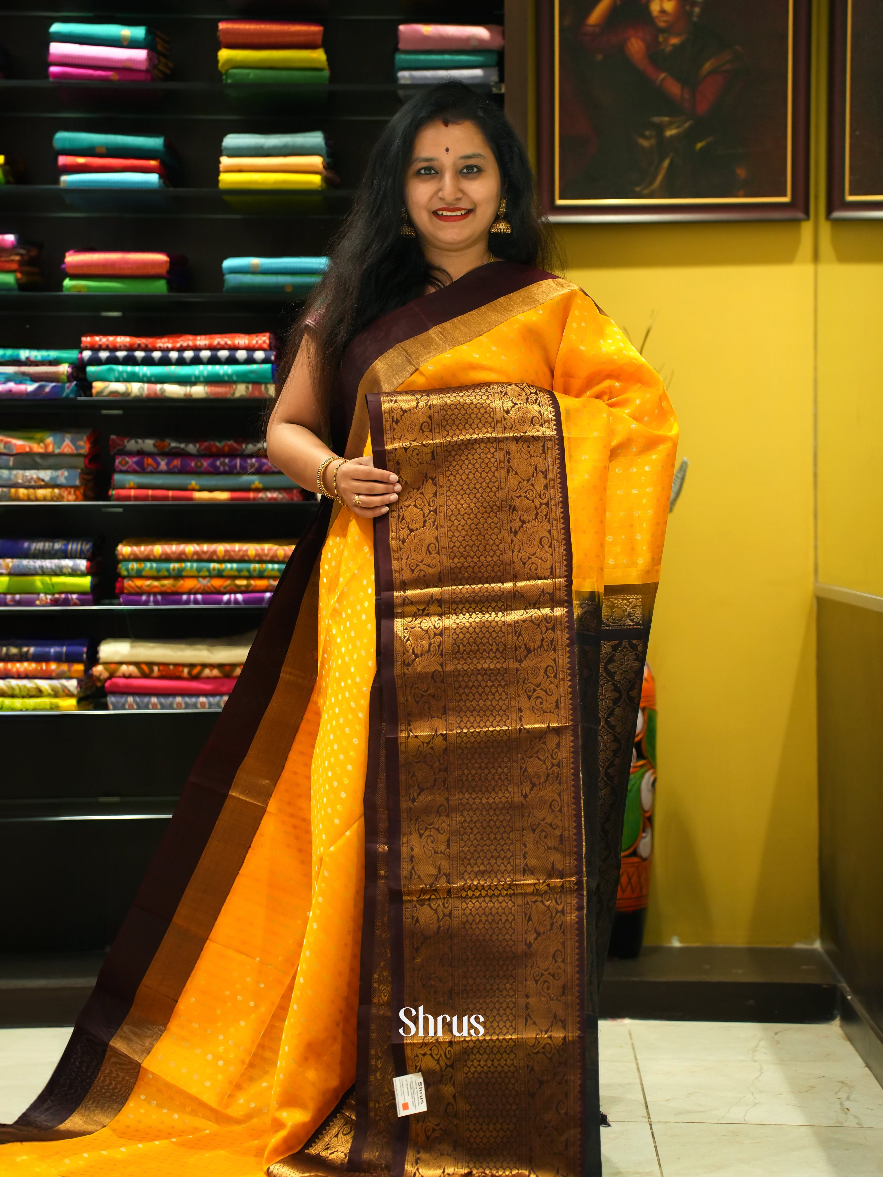 Mustard & Brown - Silk Cotton Saree - Shop on ShrusEternity.com
