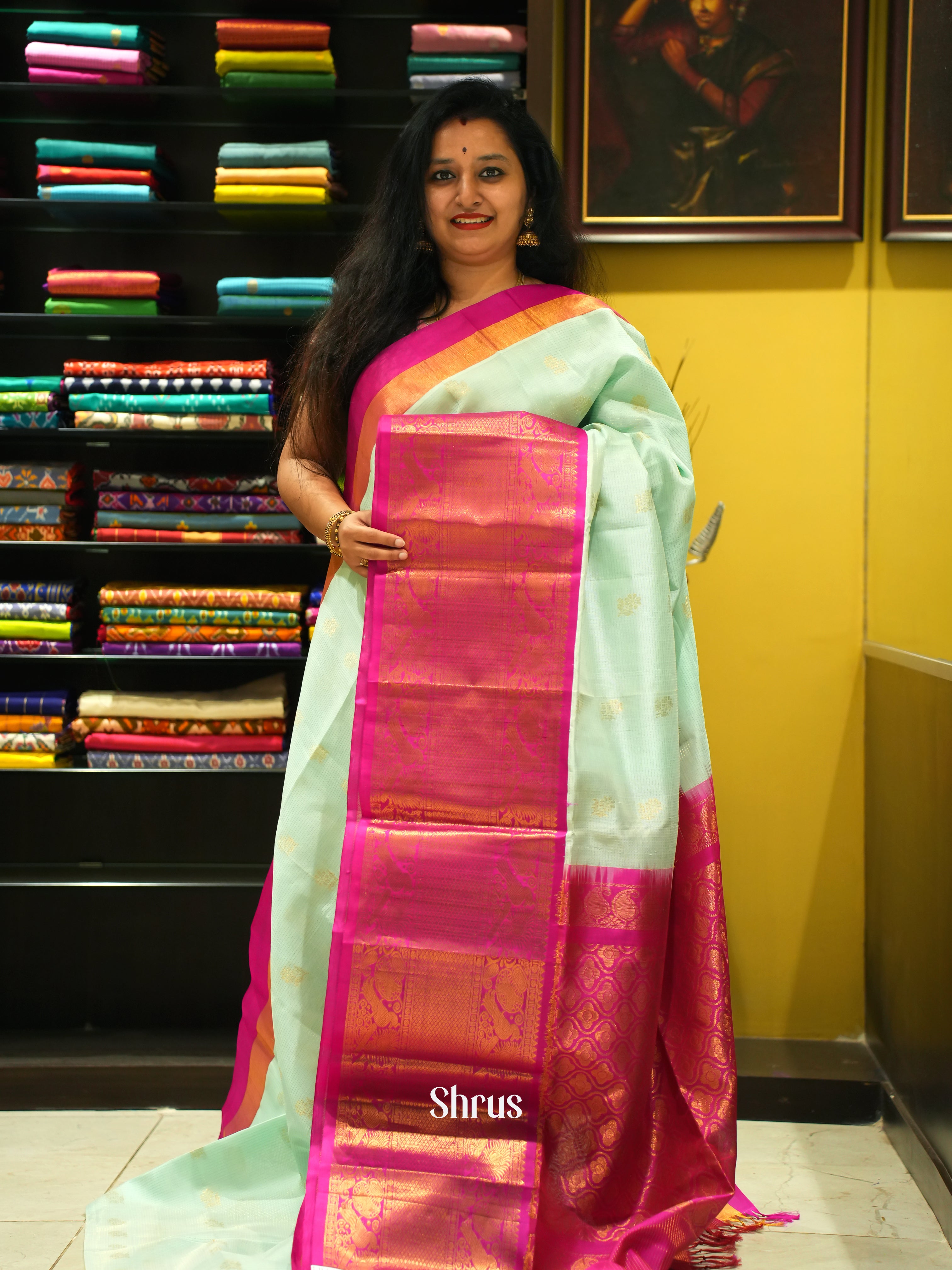 Ice Green & Pink - Silk Cotton Saree - Shop on ShrusEternity.com