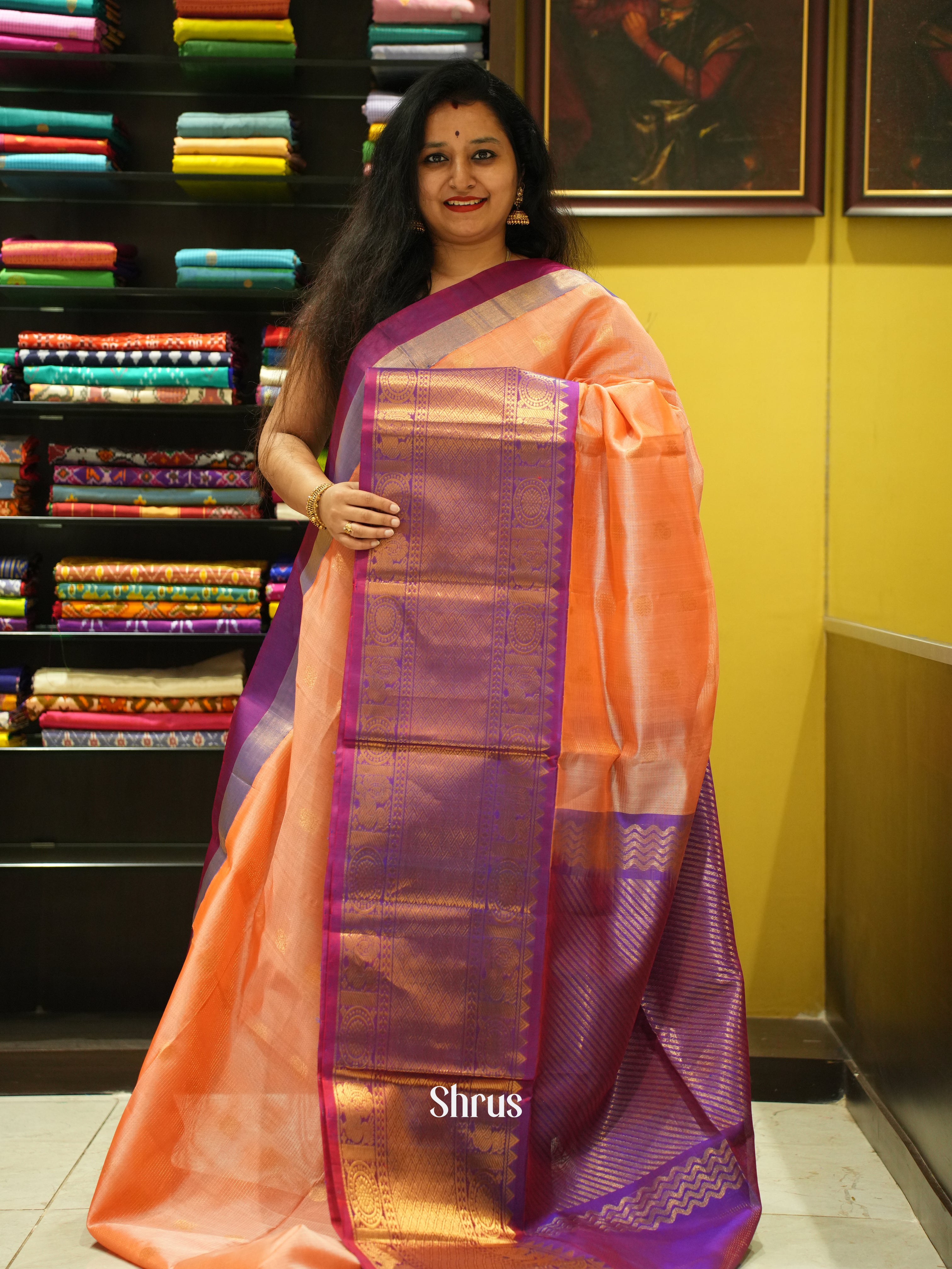 Peach & Purple - Silk Cotton Saree - Shop on ShrusEternity.com