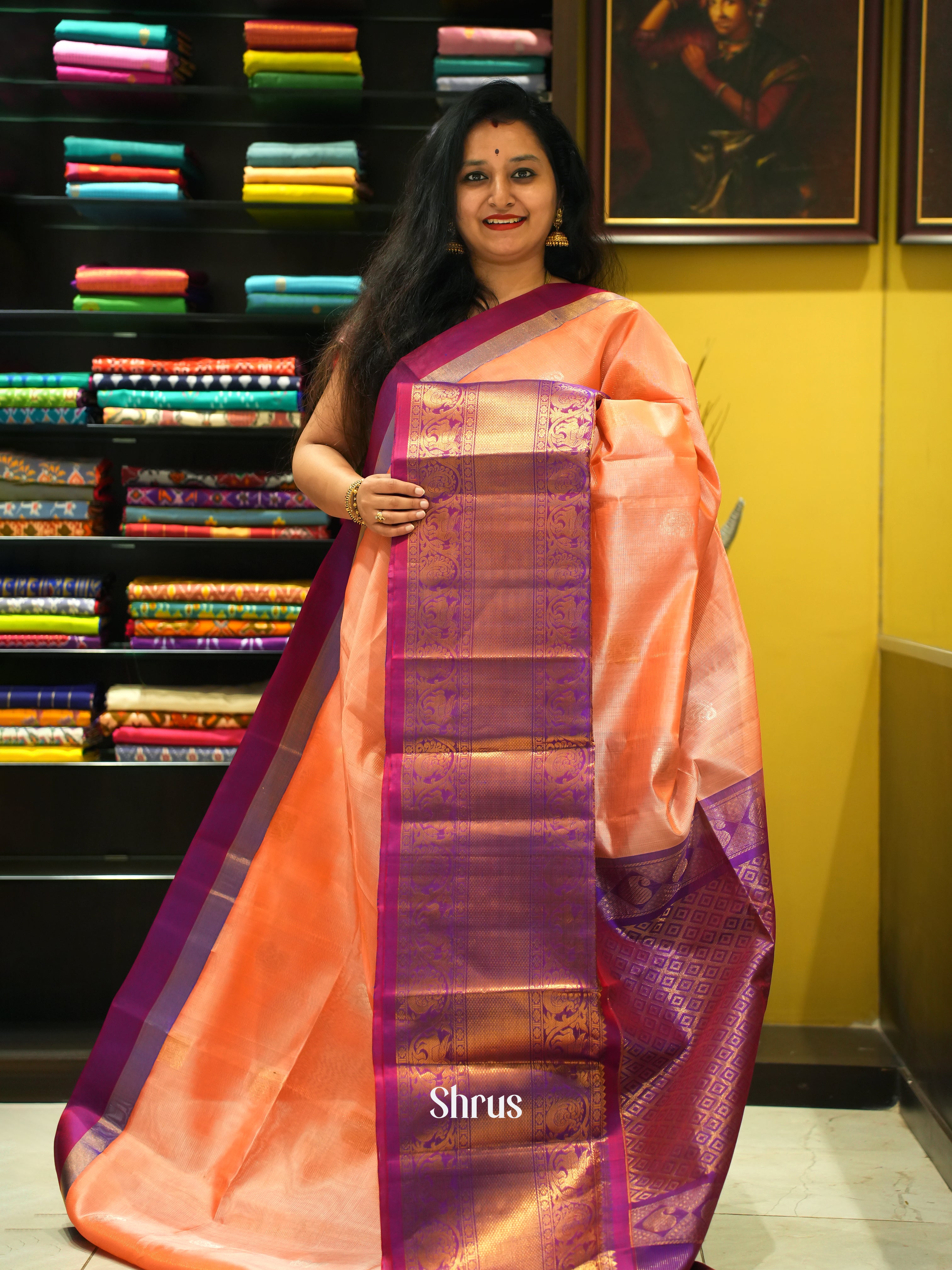 Peach & Purple - Silk Cotton Saree - Shop on ShrusEternity.com