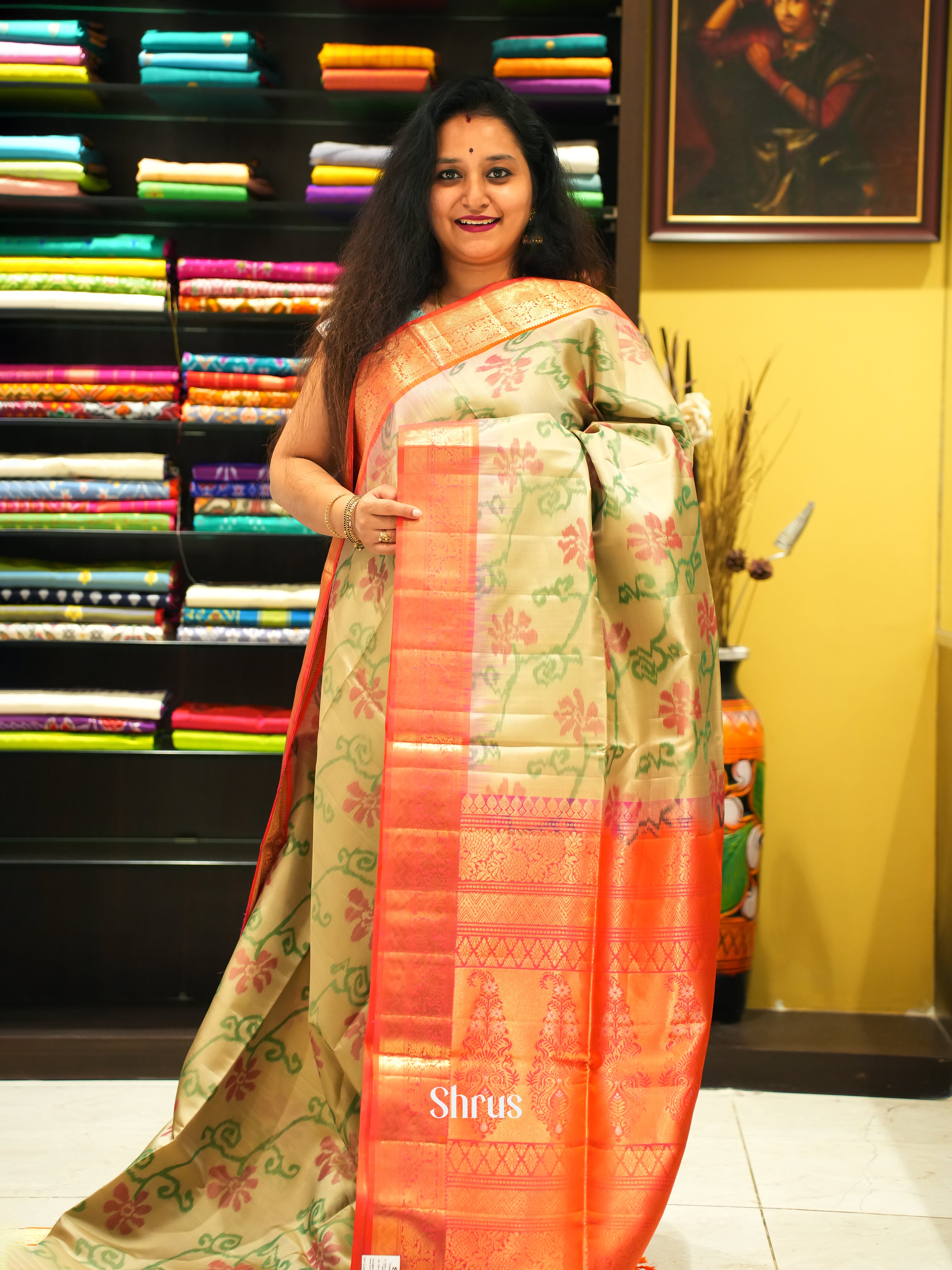 Beige & Orange - Soft Silk Saree - Shop on ShrusEternity.com