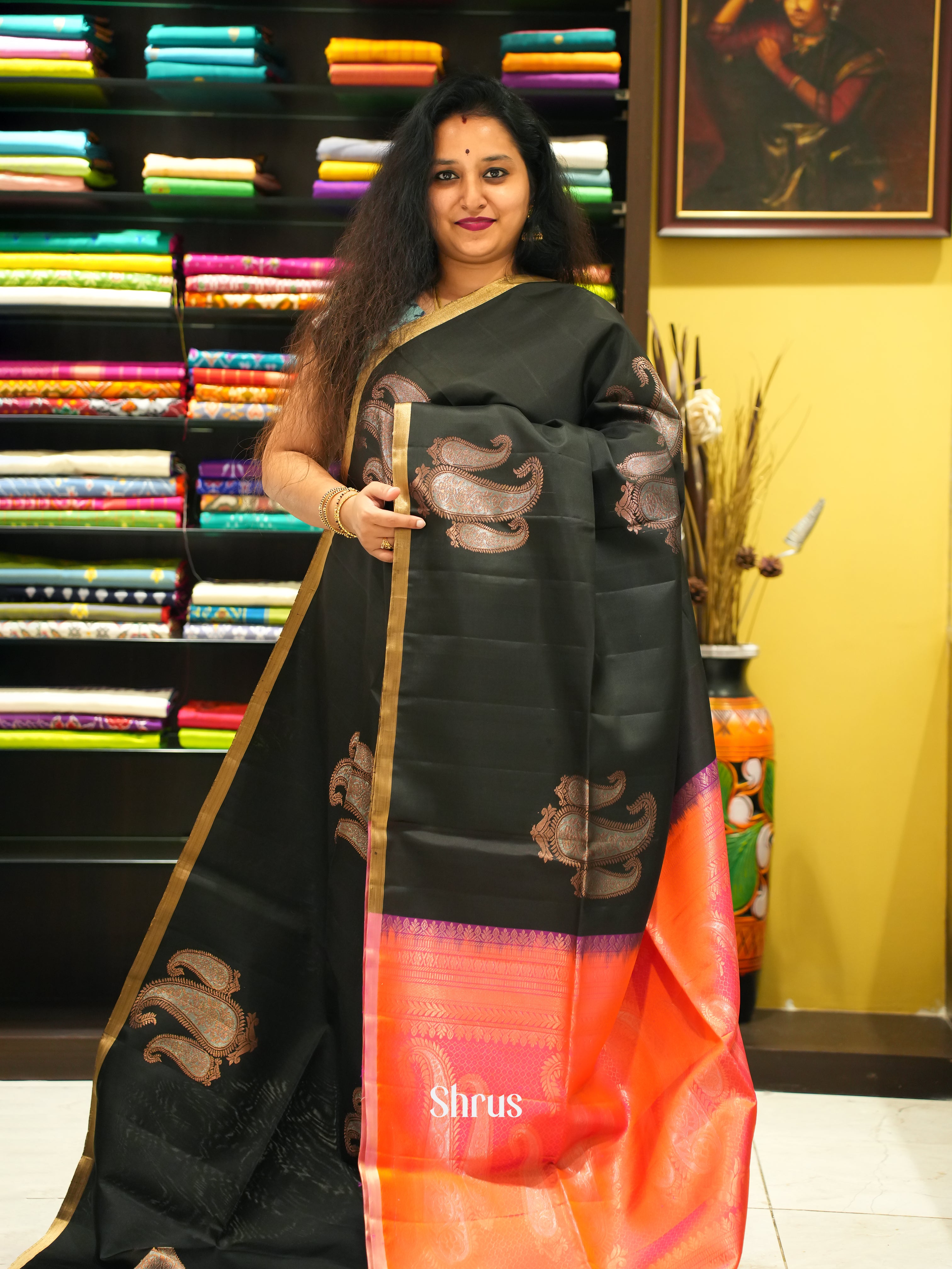 Black & Orangish Pink - Soft Silk Saree - Shop on ShrusEternity.com