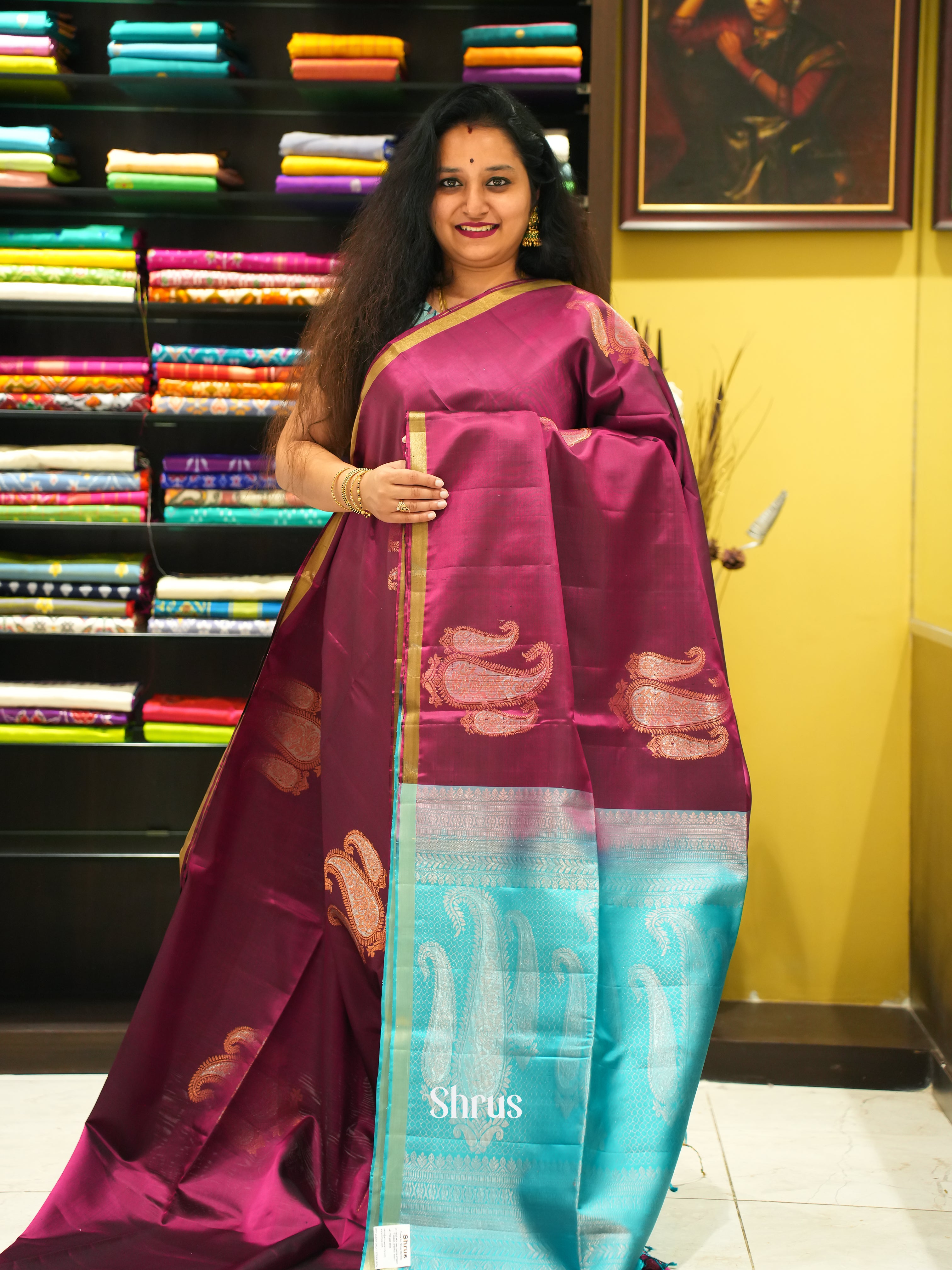 Wine & Blue - Soft Silk Saree - Shop on ShrusEternity.com