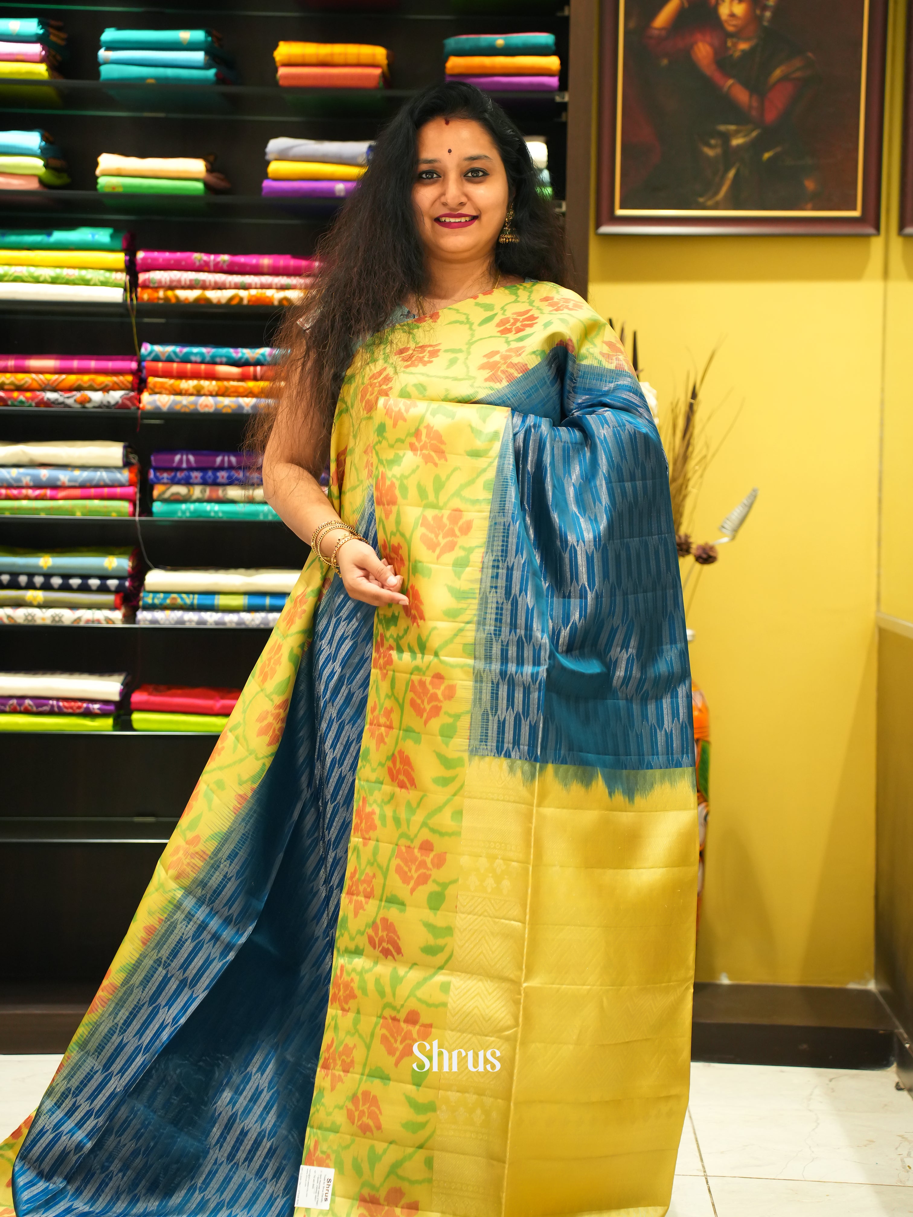 Blue & Yellow - Soft Silk Saree - Shop on ShrusEternity.com