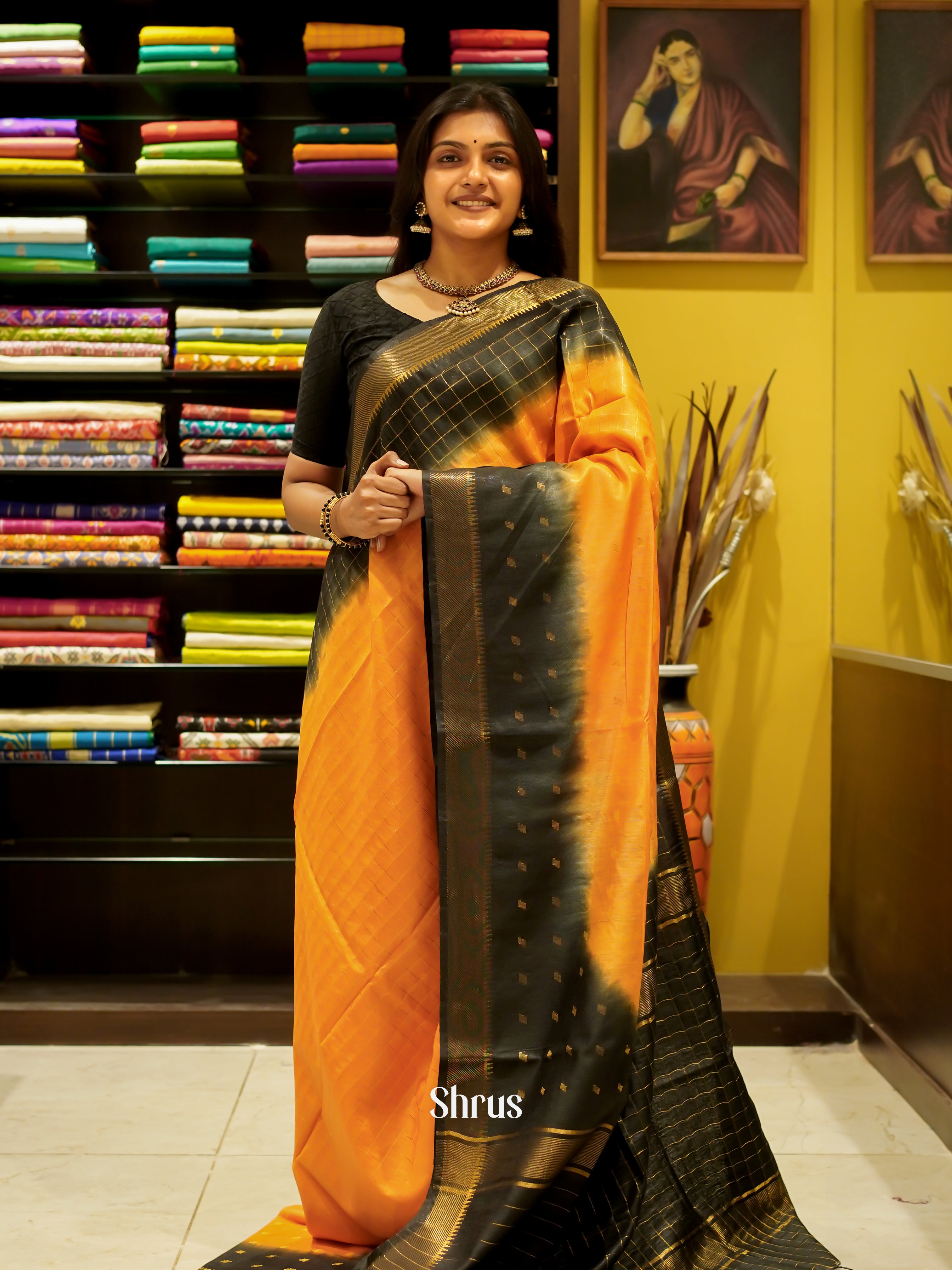 Orange & Black - Semi Tussar Saree - Shop on ShrusEternity.com