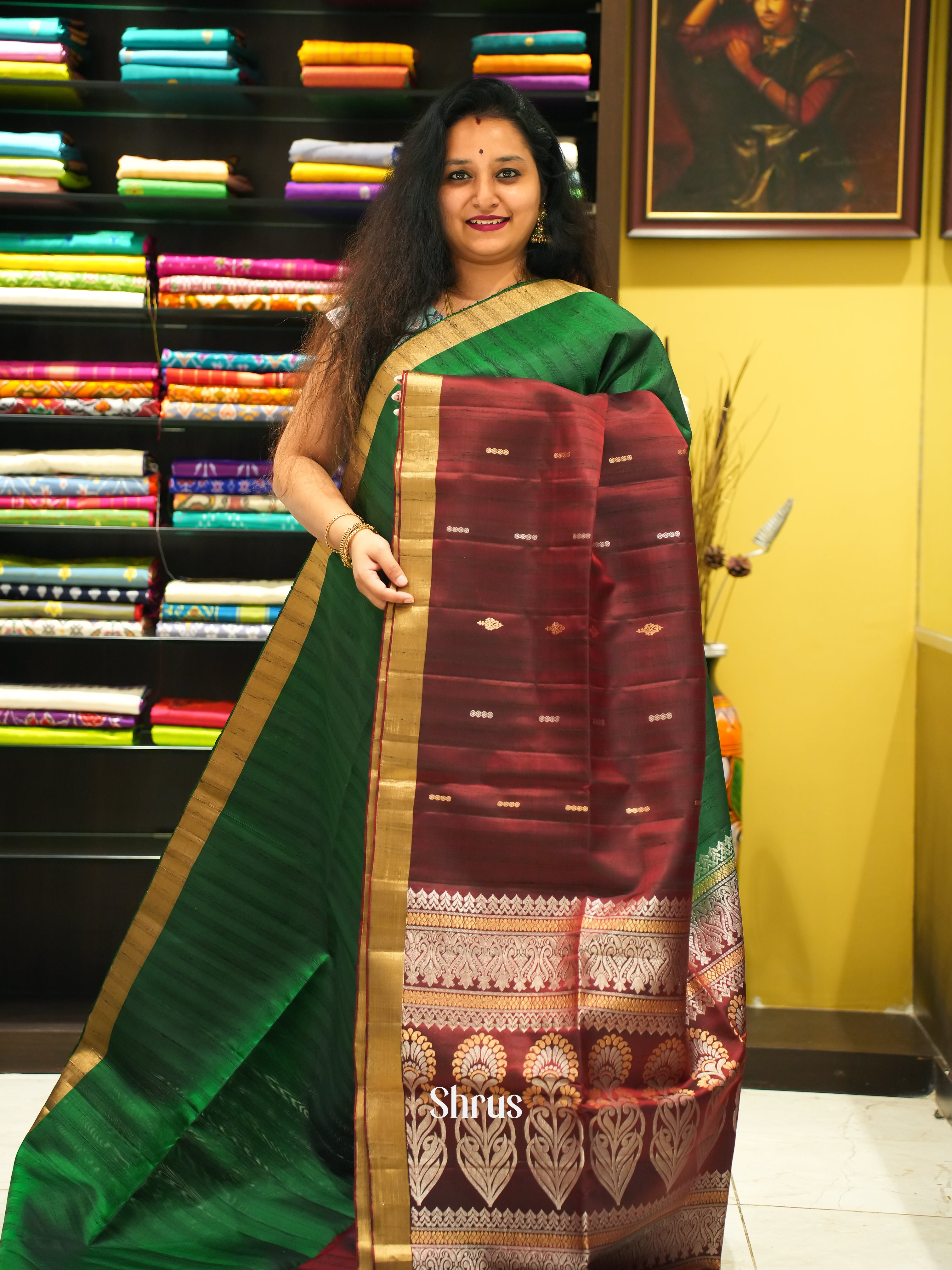 Bottle Green & Maroon - soft Silk Saree - Shop on ShrusEternity.com