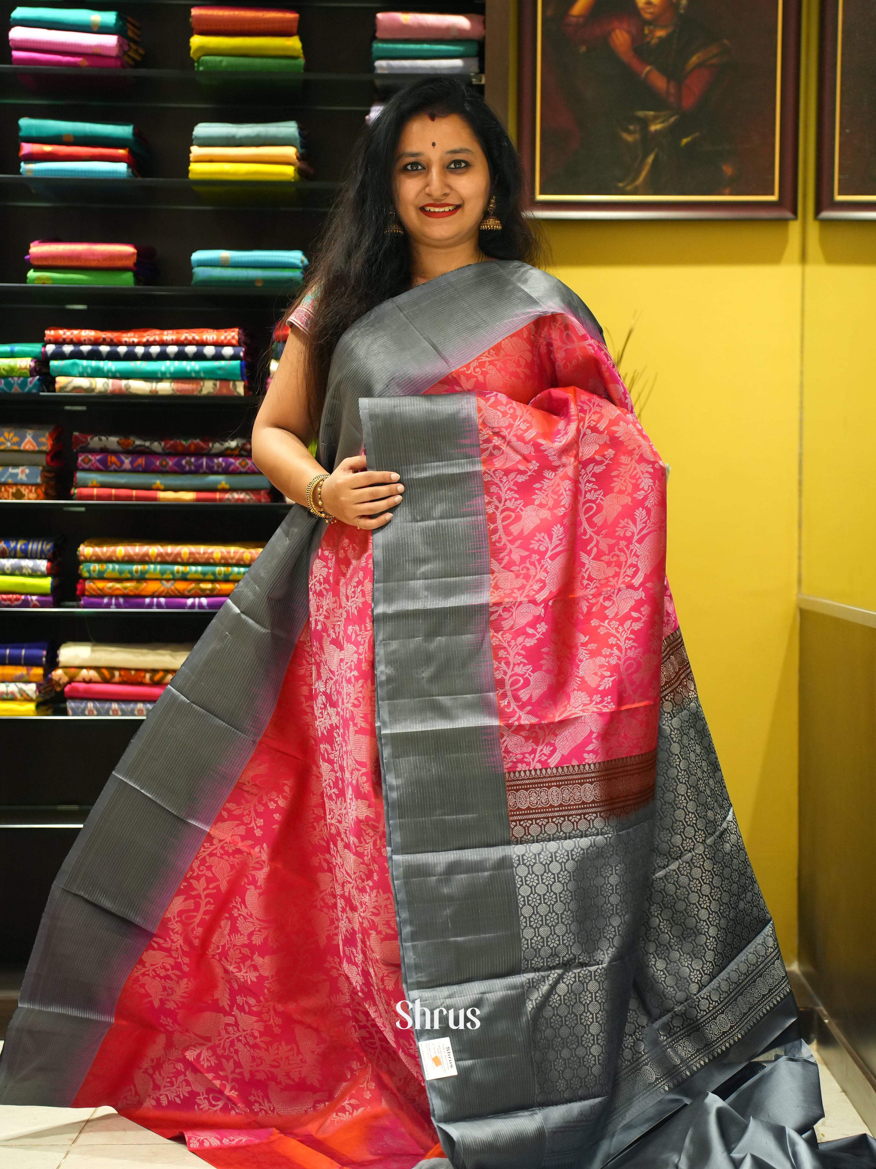 Pink & Grey - Soft Silk Saree - Shop on ShrusEternity.com